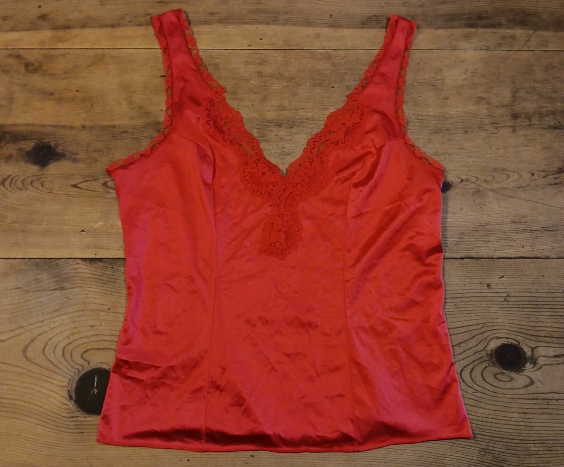 Vtg Greenco Maid Cami Camisole Tank Top Women L Red Lace Tricot Nylon USA Made