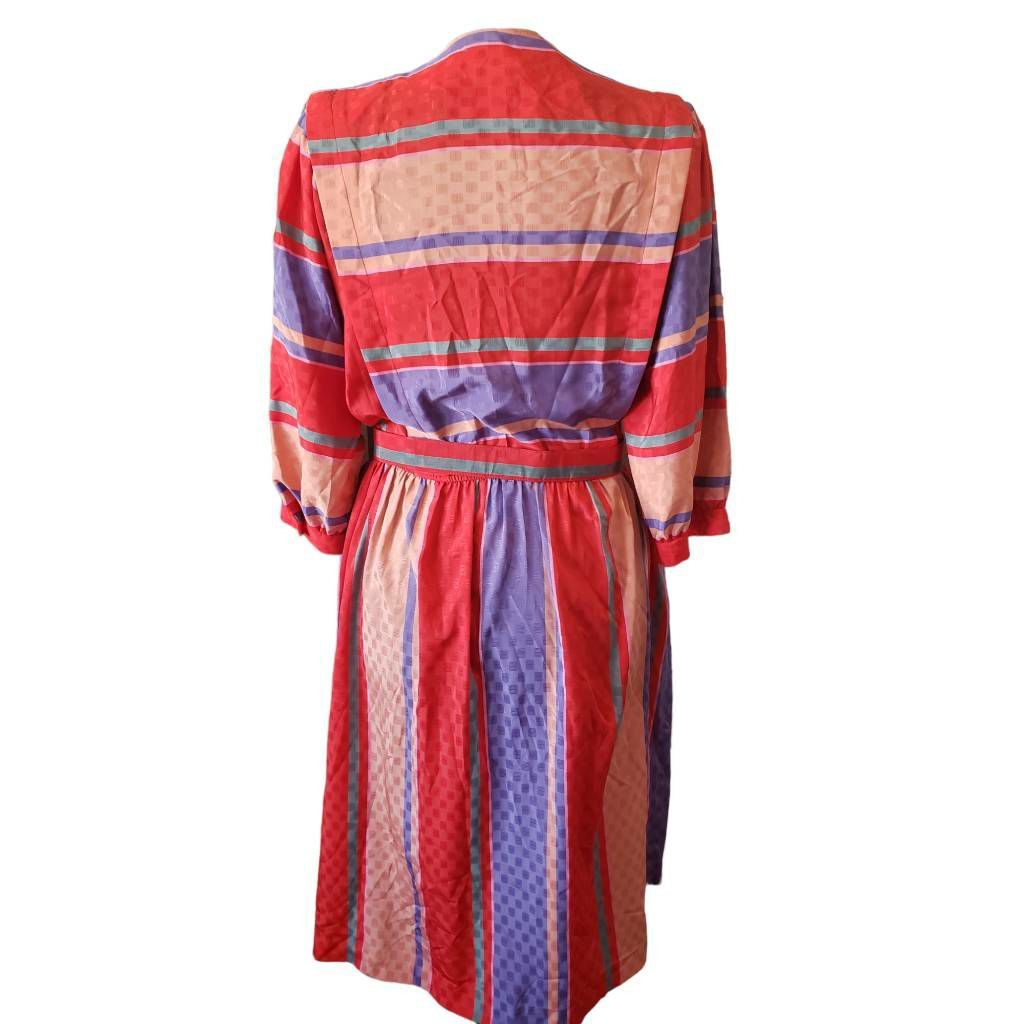 Jackie Taub Womens Dress Multicolor Striped Belted Midi 3/4 Sleeve size 14 AA178