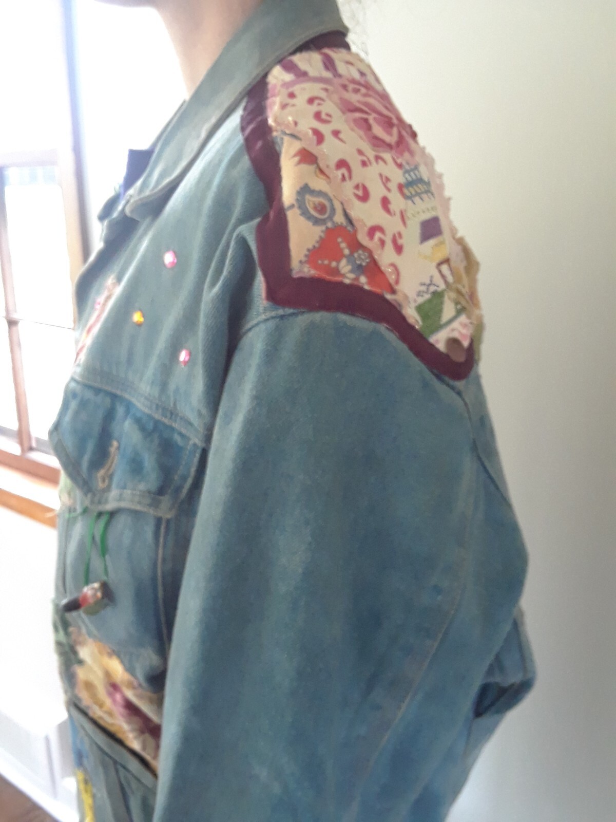 80s BoHo Embellished Jean Jacket Flowers Figures Trinkets Lace by Lilla