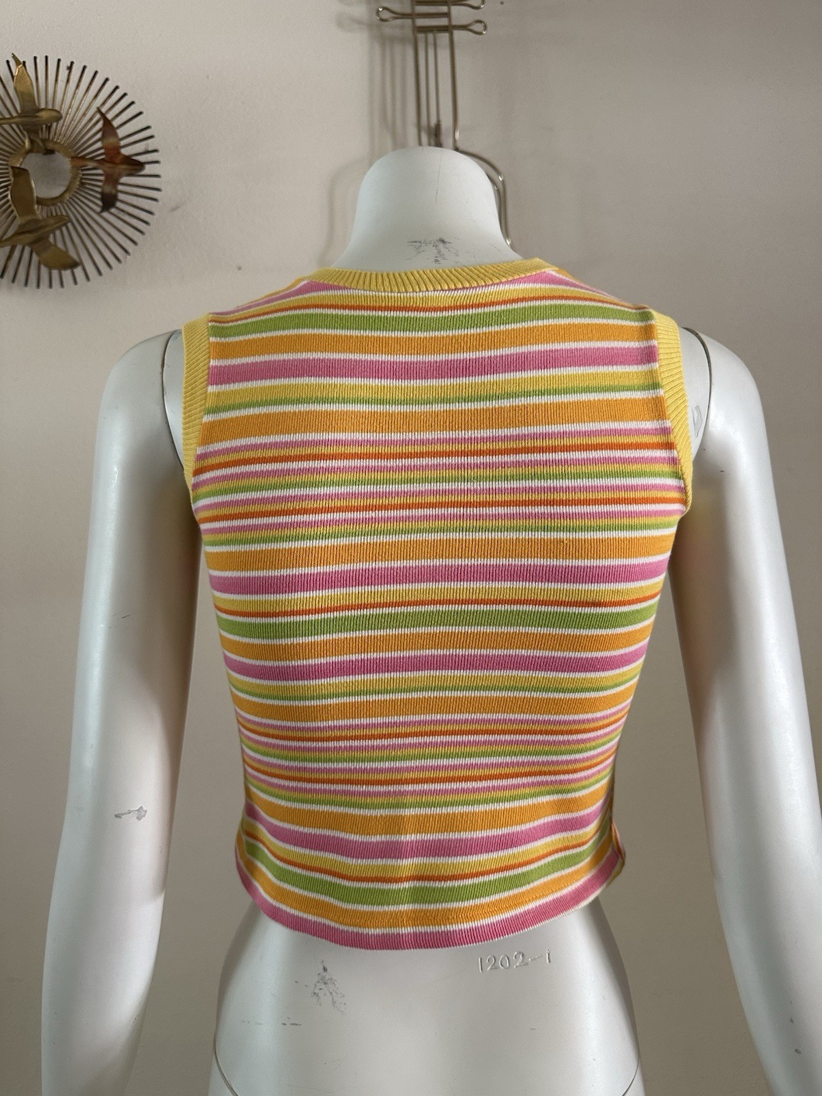 1960s 70s Stripe Knit Crop Tank Top Mod Resort Sportswear Surf Pink XS S VTG