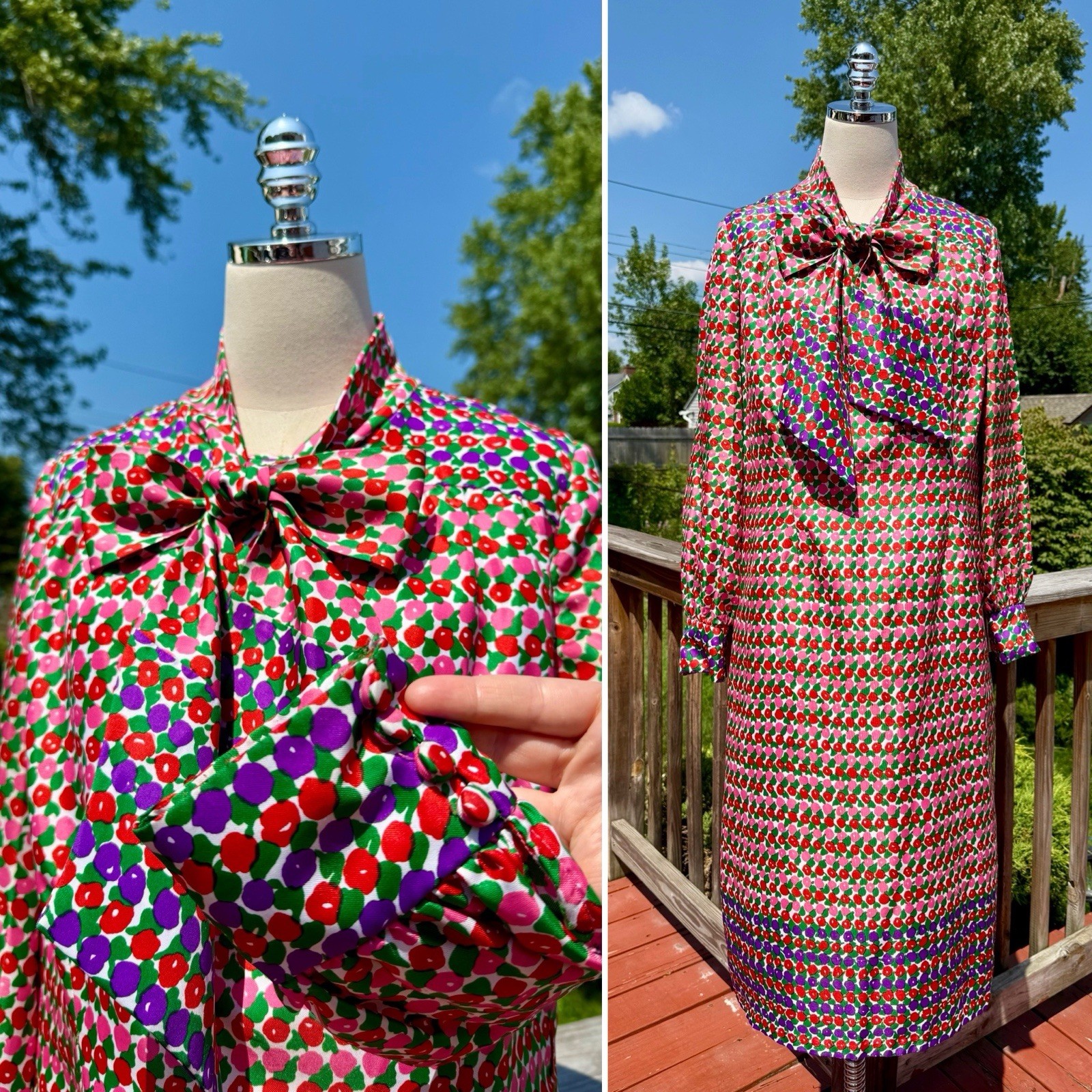Vintage 70s Mod Pink & Purple Fruity Floral Abstract Pussy-bow Dress AS IS