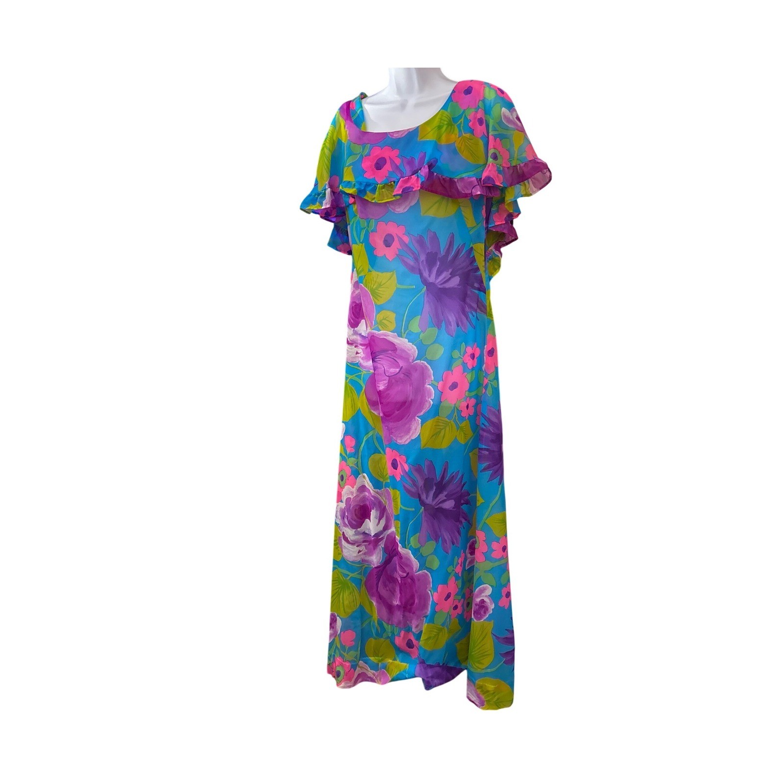 Vintage Sheer Maxi Dress Psychedelic Floral Mod Boho Hippie Flowy Resortcore 70s