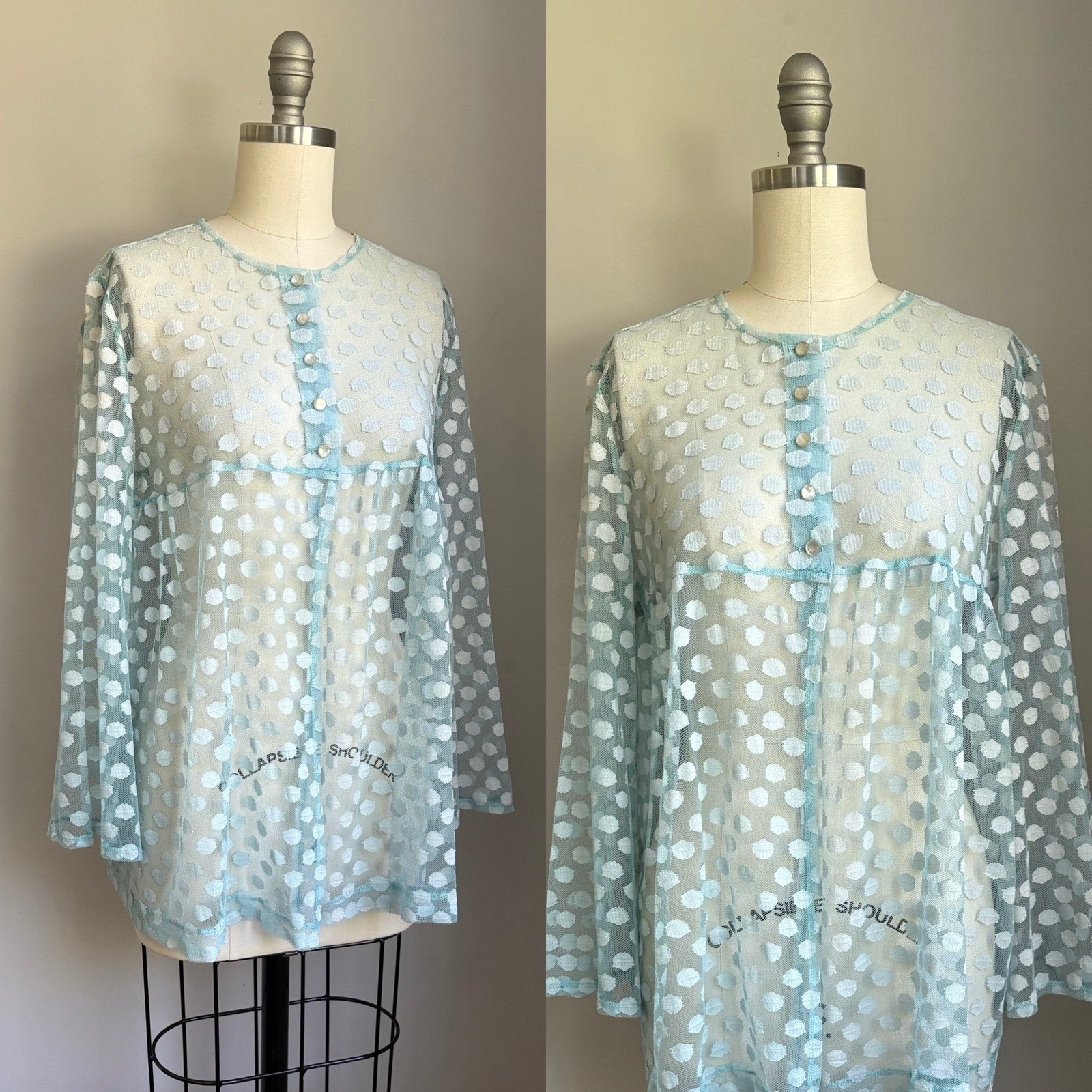 Vintage 60’s Catalina Baby Blue Mod Polkadot Lace Bell Slv Swimsuit Cover Up S/M