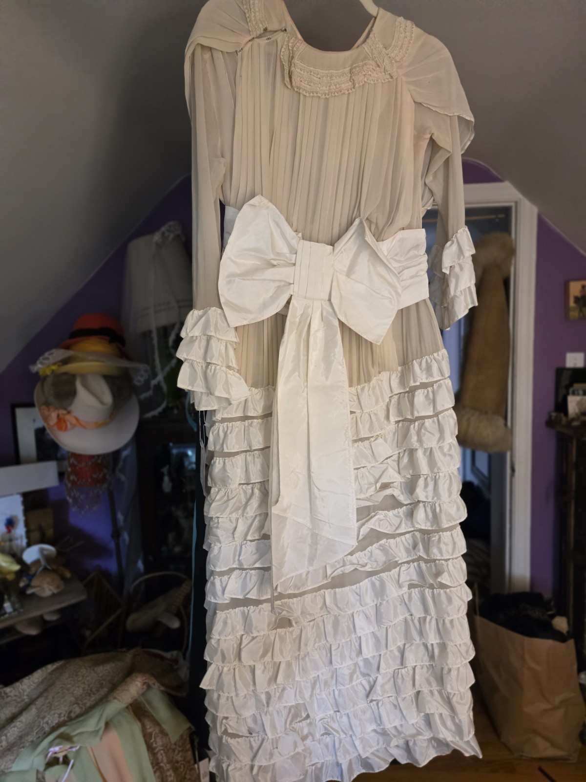 1920s Ivory Silk Chiffon & Taffeta Flapper Dress | Tiered Ruffle Art Deco…