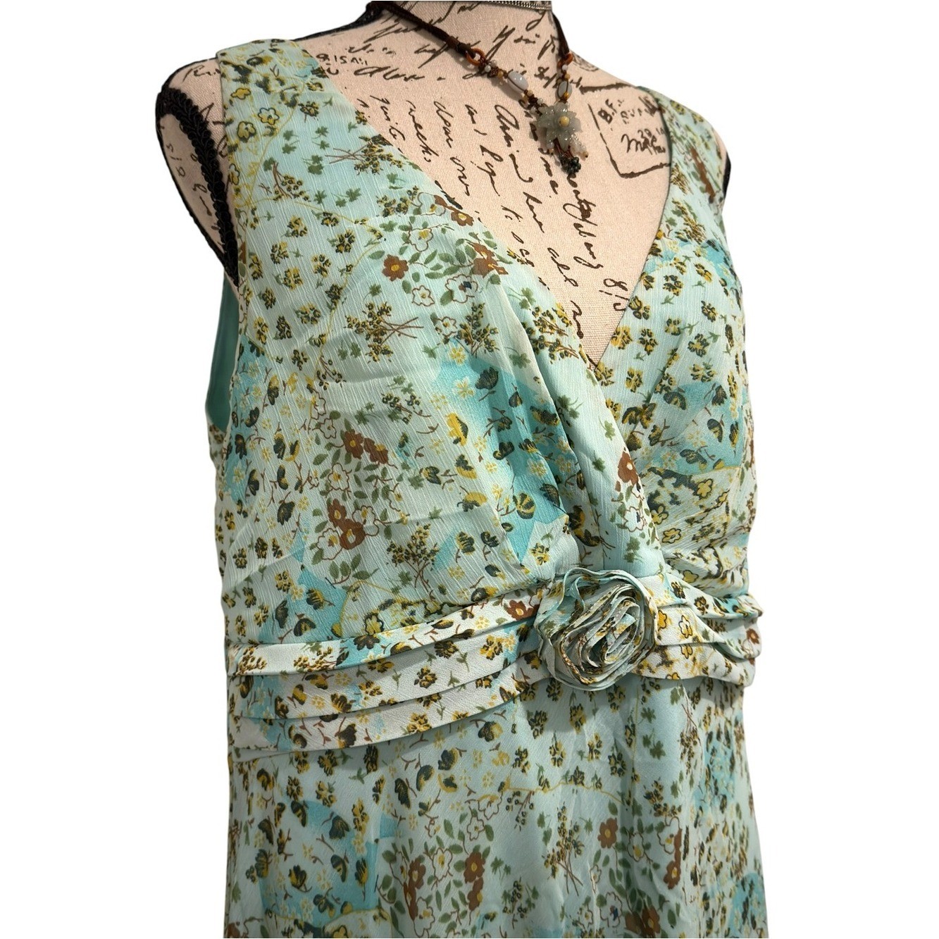 Vtg boho fairy Floral blue green pleated waist Midi Double Ruffle dress