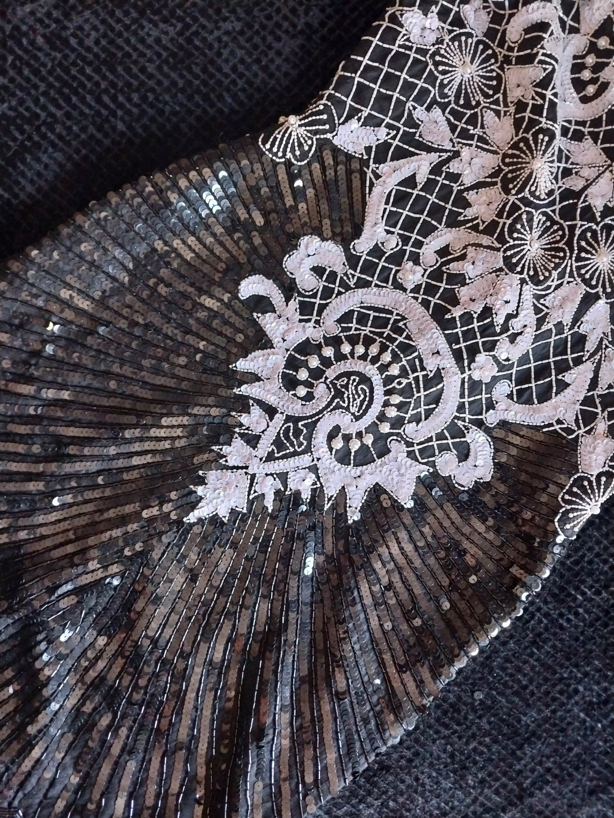 VTG GLAM DECO Sequins Beaded Mini Scalloped Dress Black White Silk Lined XS/P