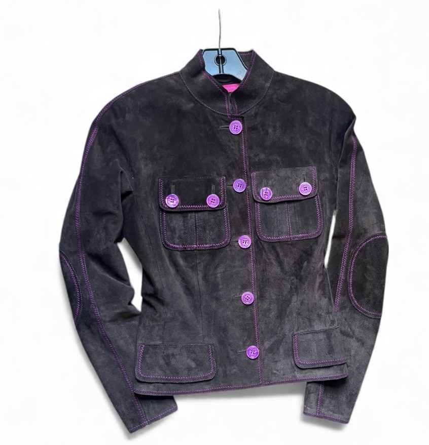 1990s Emanuel Ungaro Leather Suede Chocolate Brown + Purple Vintage Moto Jacket