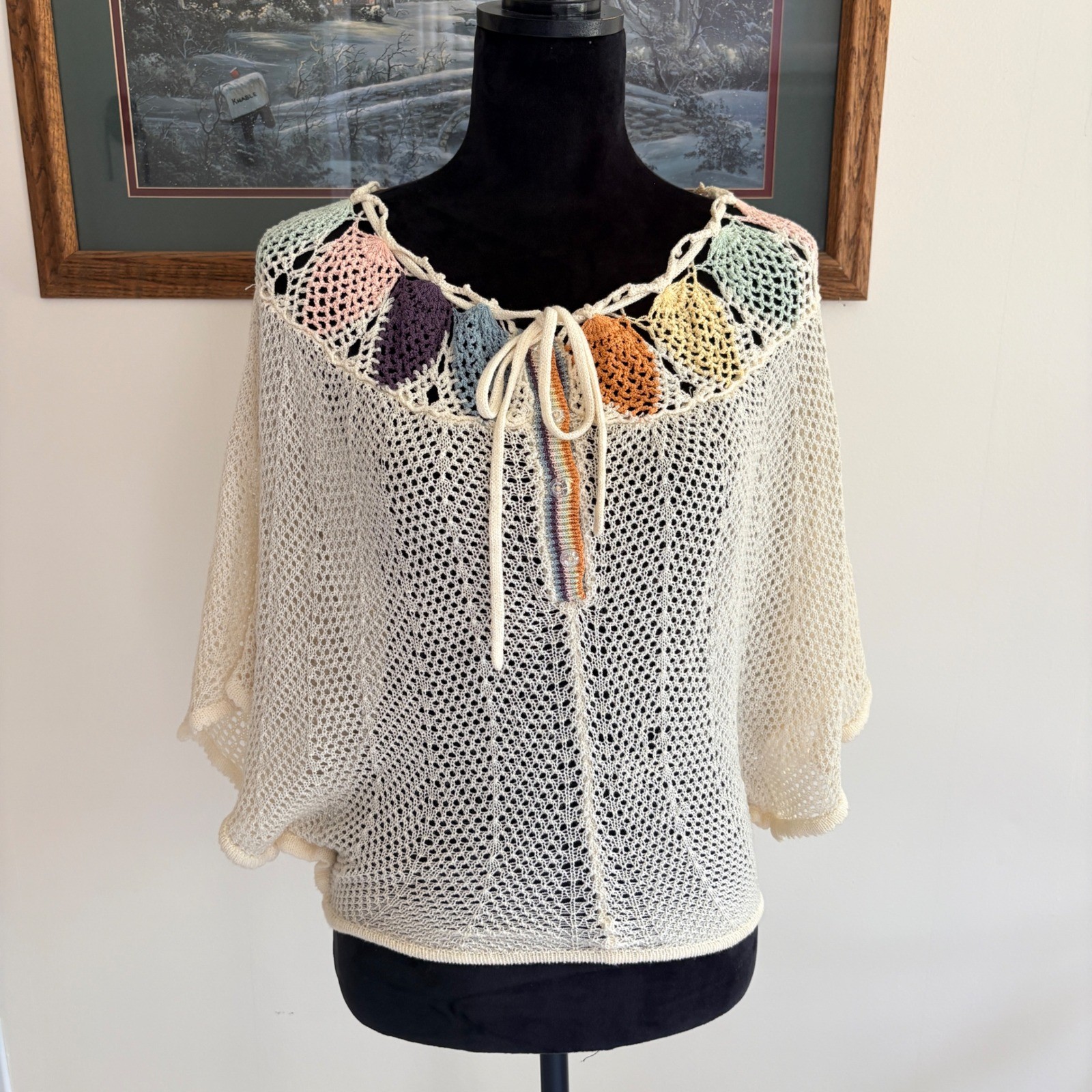 Organically Grown Arpeja Crochet Knit Top Womens Medium Cream Vintage Boho 70s