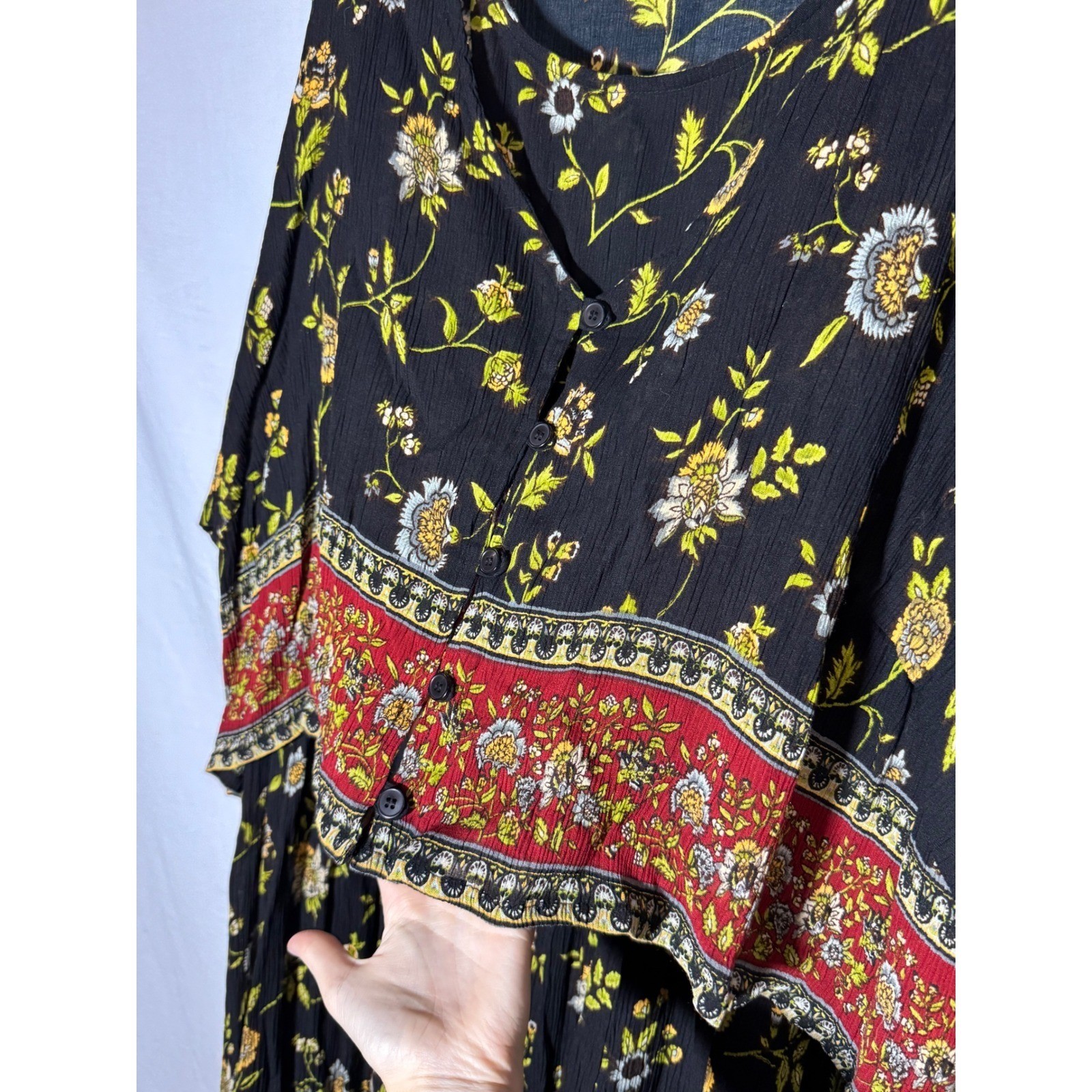 Just Class Vintage Floral Rayon Midi Dress Black Red Plus Size 32W Boho 90s