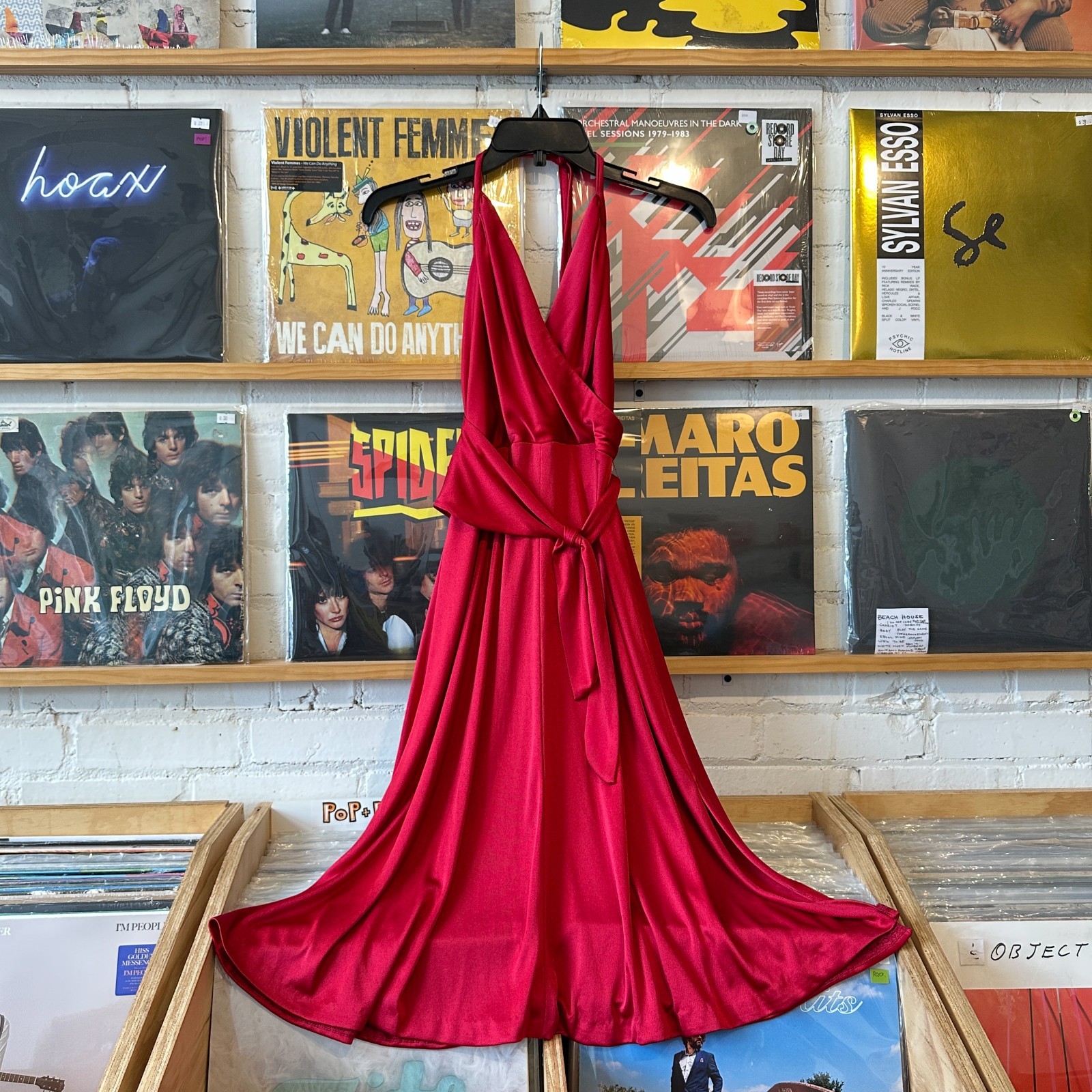 Vtg 70s Red Grecian Halter Dress Prom Disco Wrap Medium