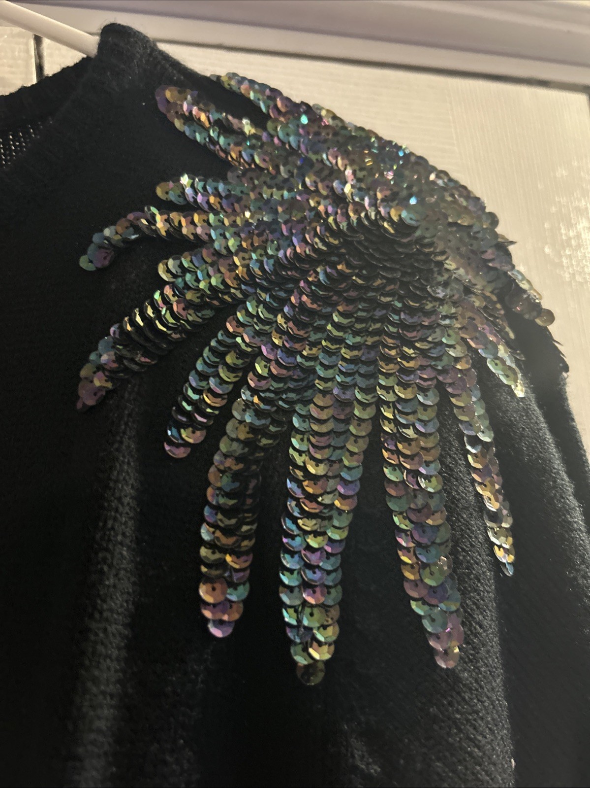 Vintage 80s Plain Jane Black Acrylic Sweater Dress Long Sequins Belted Glam Med