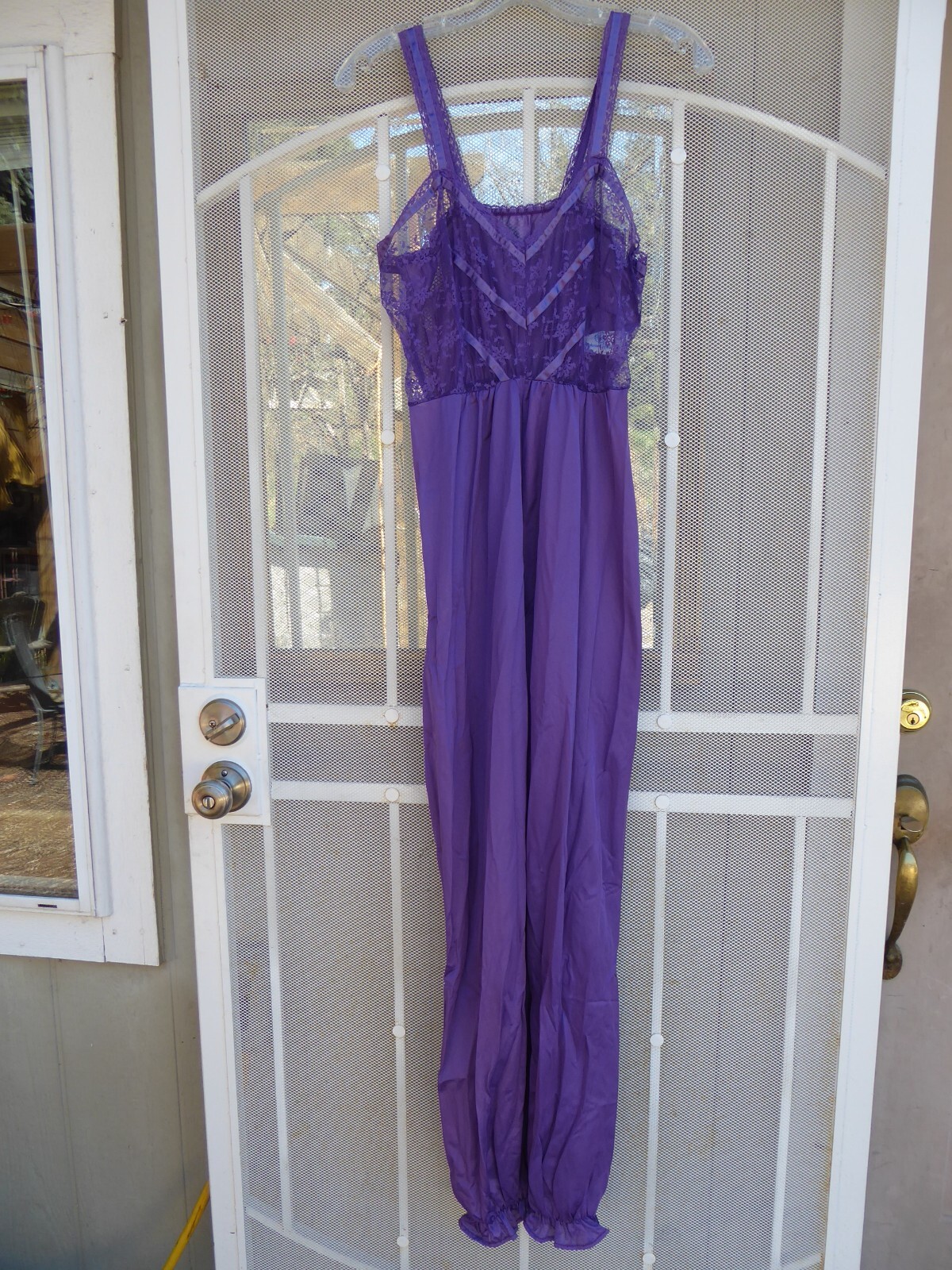 Vintage 70s 80s UNDERCOVER WEAR USA Purple Nylon Jumpsuit Sheer Lace Silky L
