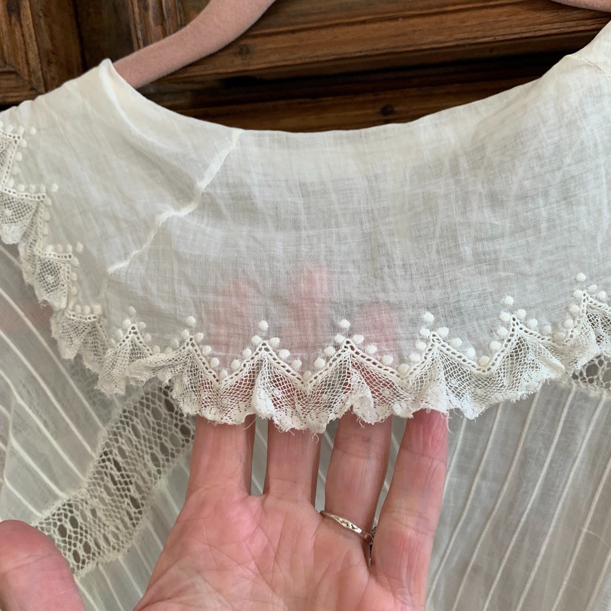 Antique Edwardian White Cotton Dress XXS Crochet Lace Lawn Tea Victorian Sheer