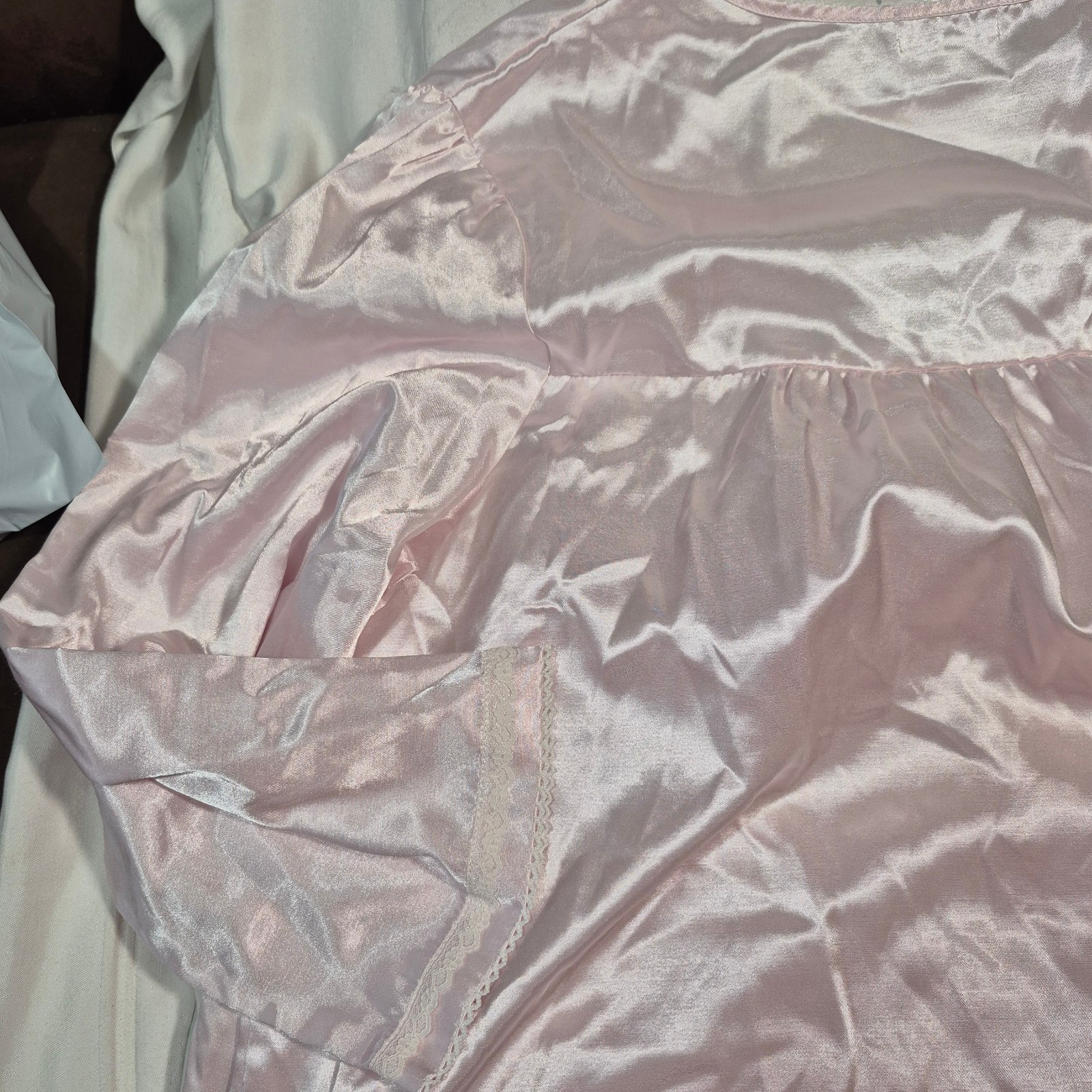 VTG Heavenly Bodies Miss Elaine Pink Satin Nightgown Lace Trim Cottagecor 2XL