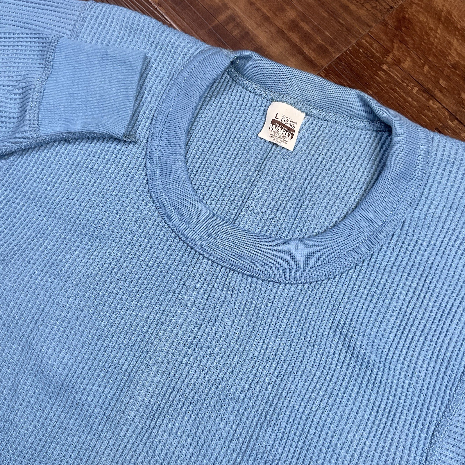 Vintage Montgomery Ward Thermal Waffle Knit Underwear Base Layer Blue Sz L