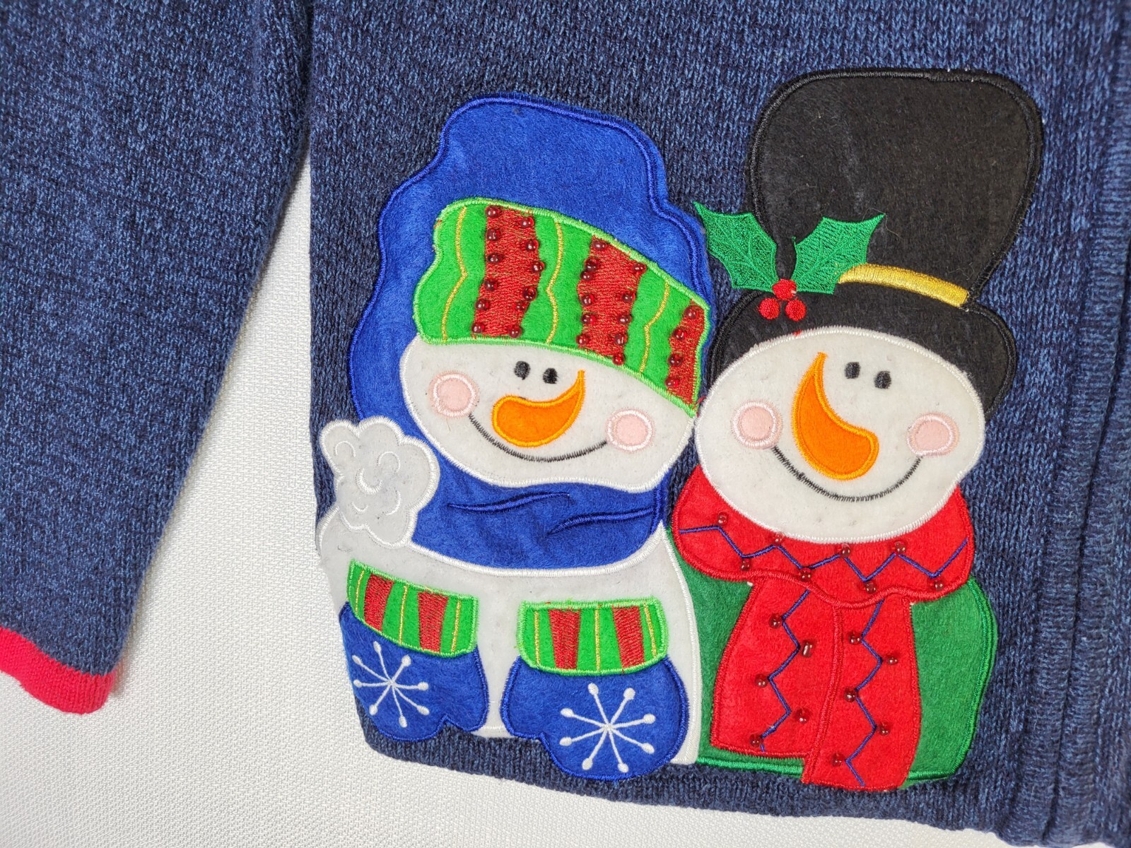 Tiara International Christmas Zip-Up Blue Sweater Small Snowman Beaded Grandma