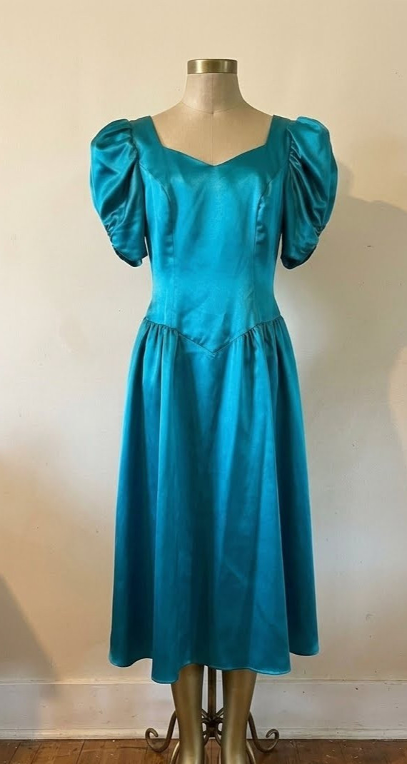 Vtg 80s Teal Acetate Liquid Satin Prom Dress Open Back Bow Puff Sleeve USA Sz 12