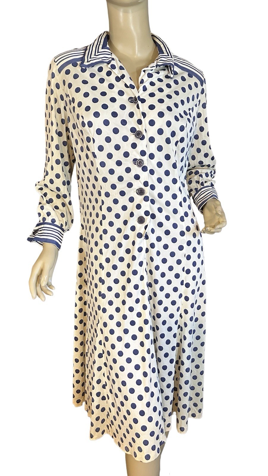 VINTAGE 1980&rsquo;S ARNEL BLUE & WHITE STRIPED & POLK A DOT PRINT SHIRT DRESS SIZE L