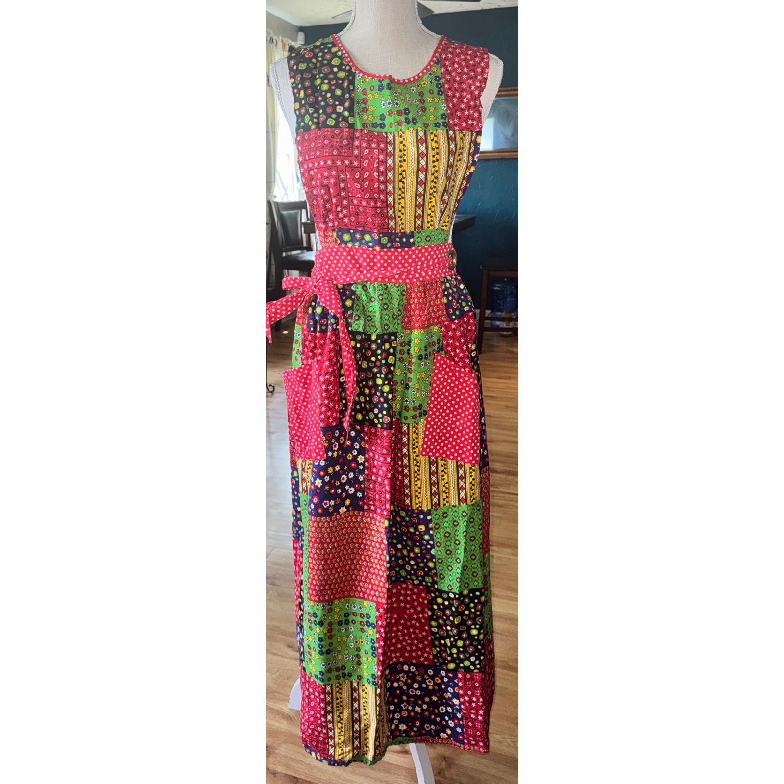 Vtg 70s Kenton Collection Patchwork Maxi Apron Dress Cotton Floral Retro S