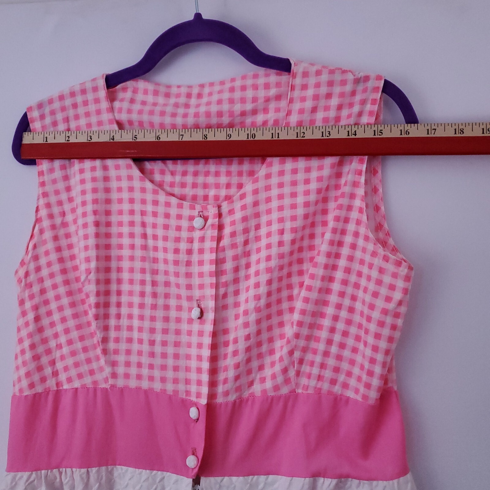 Vtg BarbieCore Pink White Gingham Cottage 60&rsquo;s Mini Tank Dress Embroidered S/M