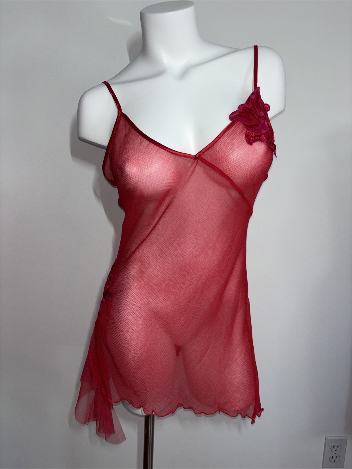 Vintage Victoria’s Secret Red 100% Silk Babydoll Sheer Mesh Floral NWT M Gown