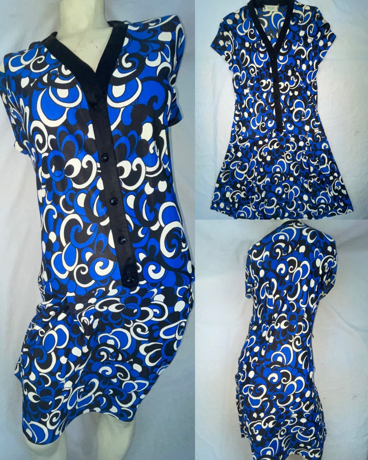 VTG 60s 70s WOMENS S BERKSHIRE BLUE GEOMETRIC DISCO RETRO BUTTON PARTY DRESS