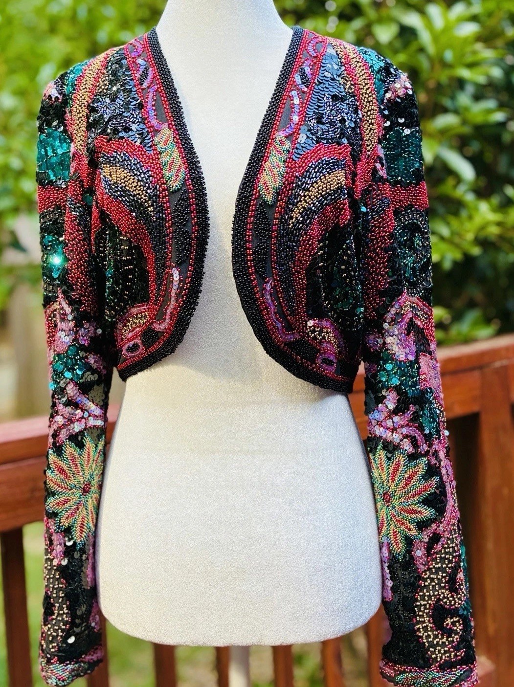 Vintage 80s A.J. Bari Silk Beaded Sequin Cropped Bolero Jacket S/M