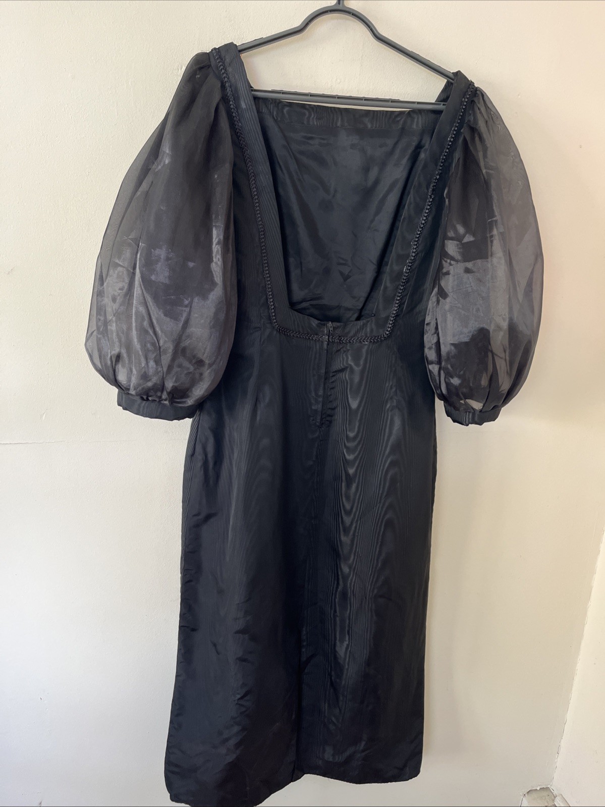 Vintage 1980s L Square Neck Low Back Large Puff Sleeves Taffeta Midi Dress