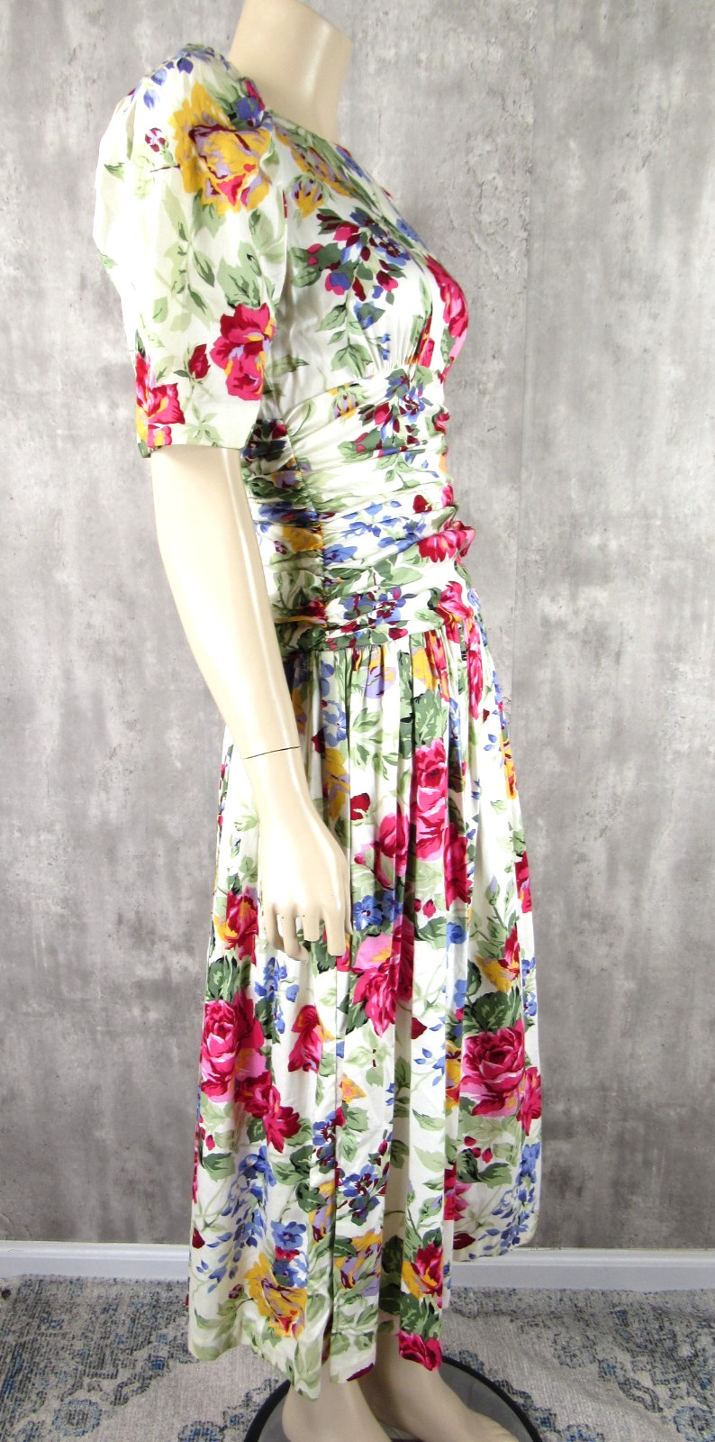 Vintage 80s Misty Lane Floral Cotton Garden Party Tea Dress Open Back Midi Dress
