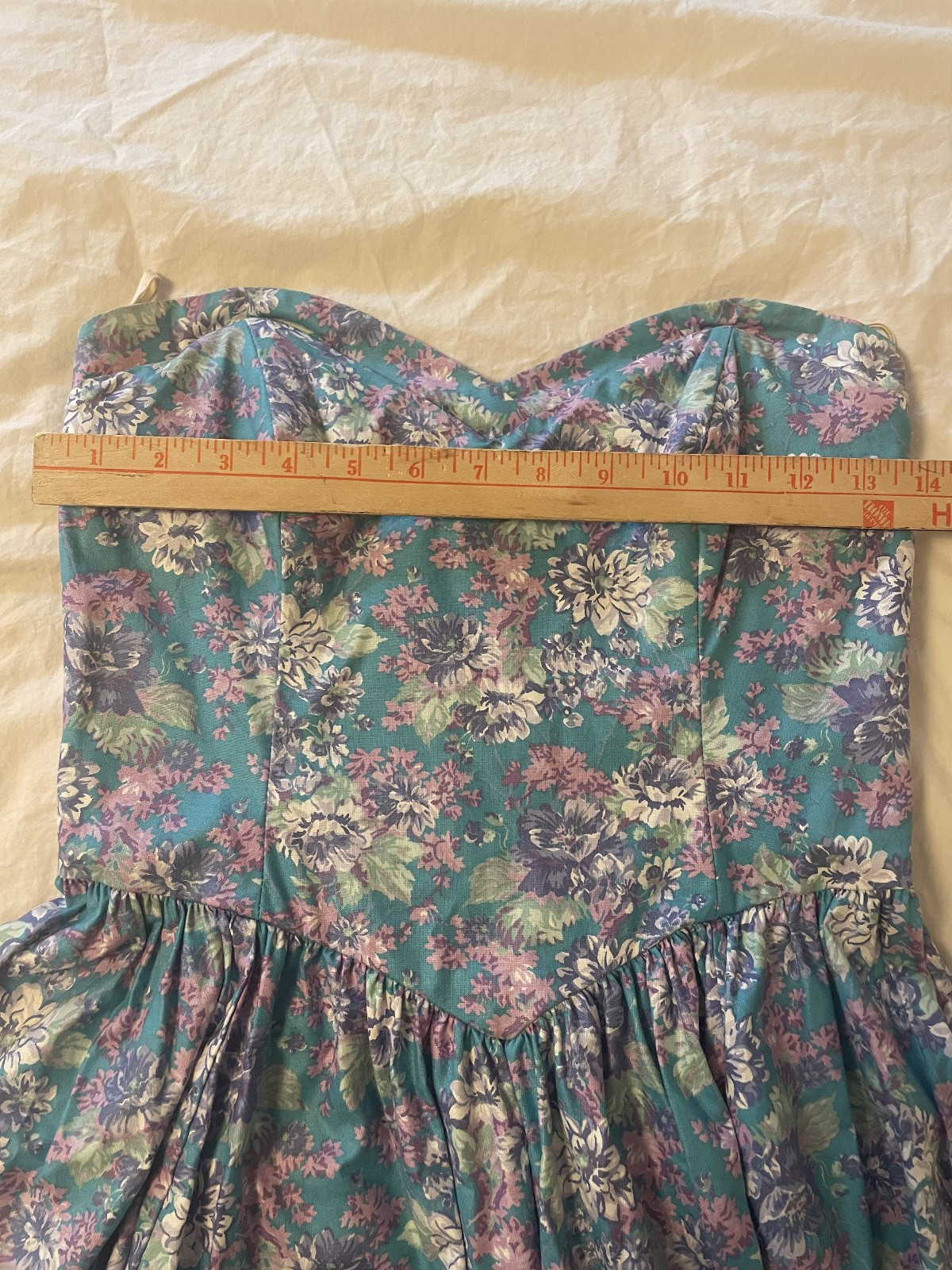 Laura Ashley Vintage 90s Floral Strapless Dress Aqua Purple US Sz 10 runs small