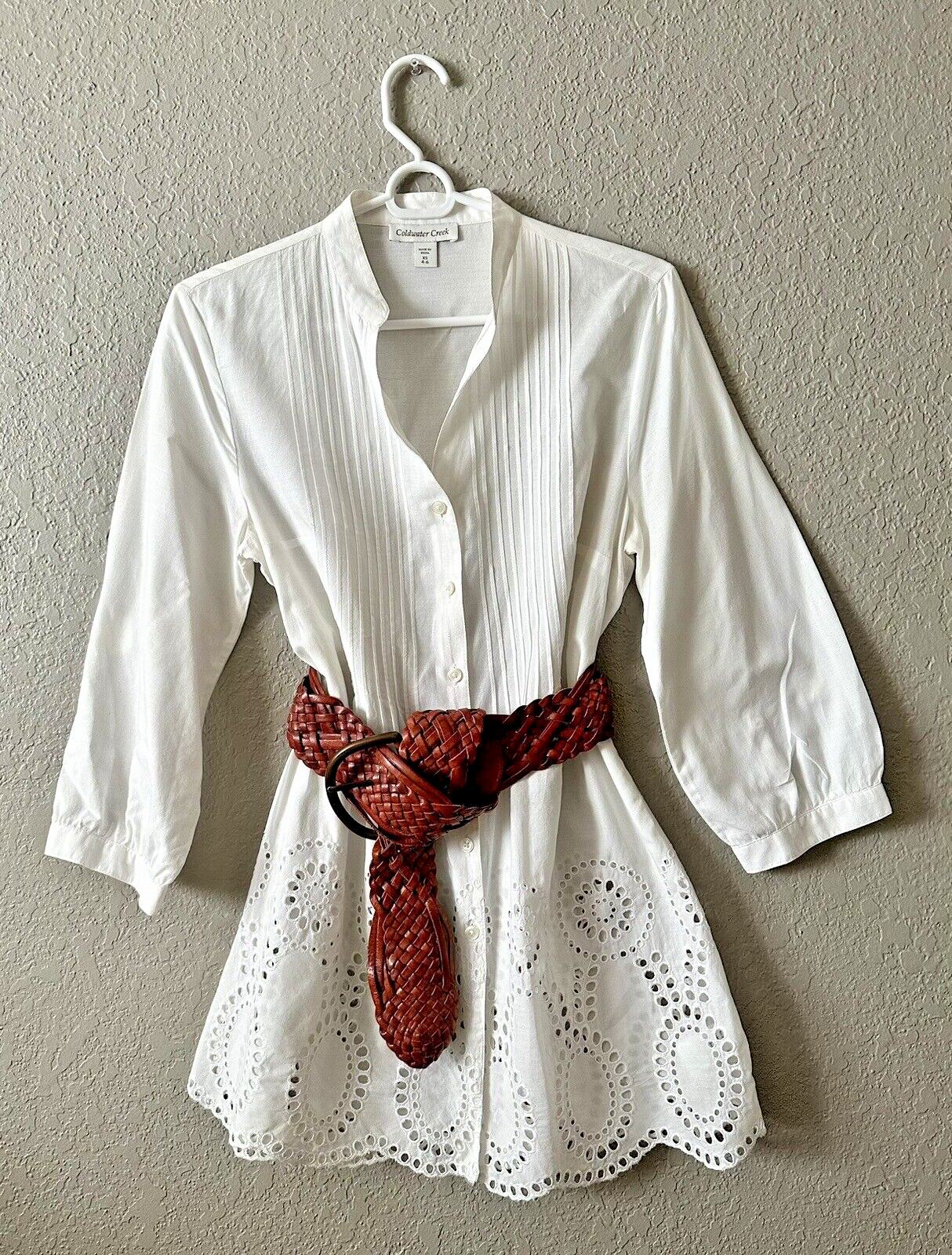 Coldwater Creek White Blouse Embroidered Eyelet, Pintucks Size XS/S 4-6