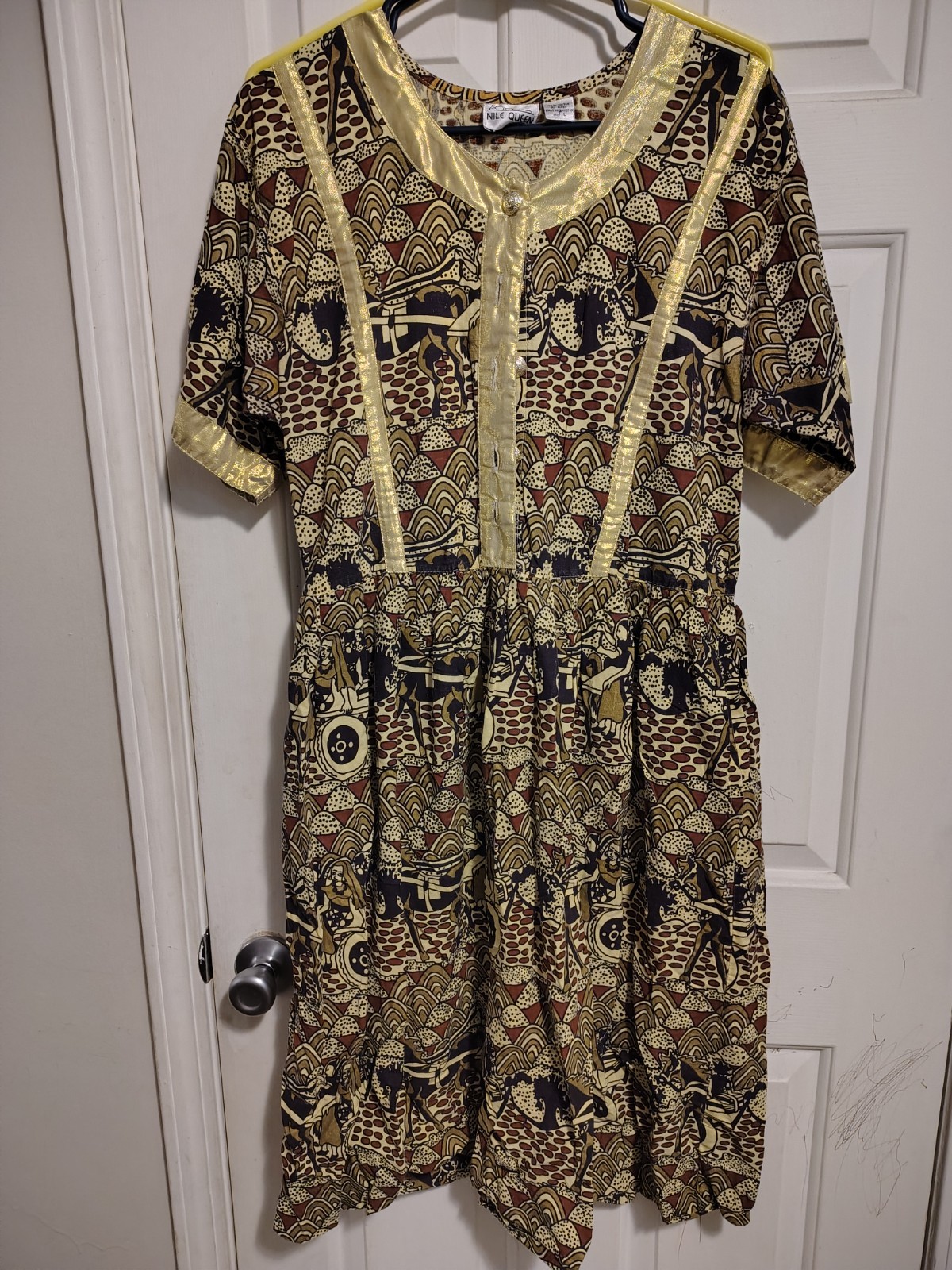Vintage Nile Queen Egyptian Print Dress Gold Trim Cotton Made Pakistan Size SM