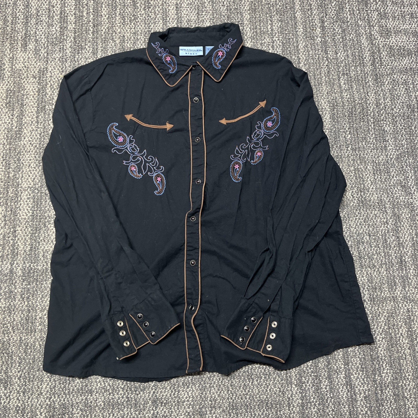 Vintage Wrangler Blues Western Snap Button Womens Youth Size XL Black Shirt
