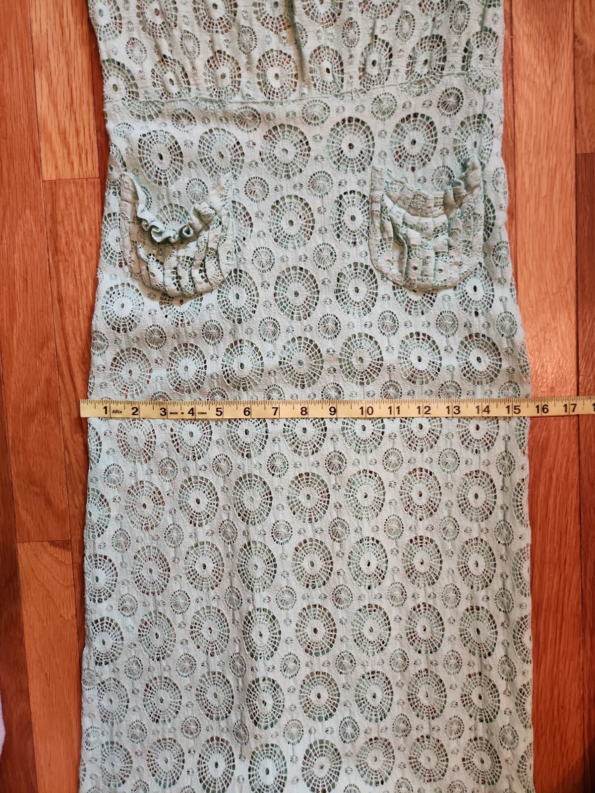 1930s Aqua Cotton Crochet Lace Dress with Cap Sleeves and Pockets XS