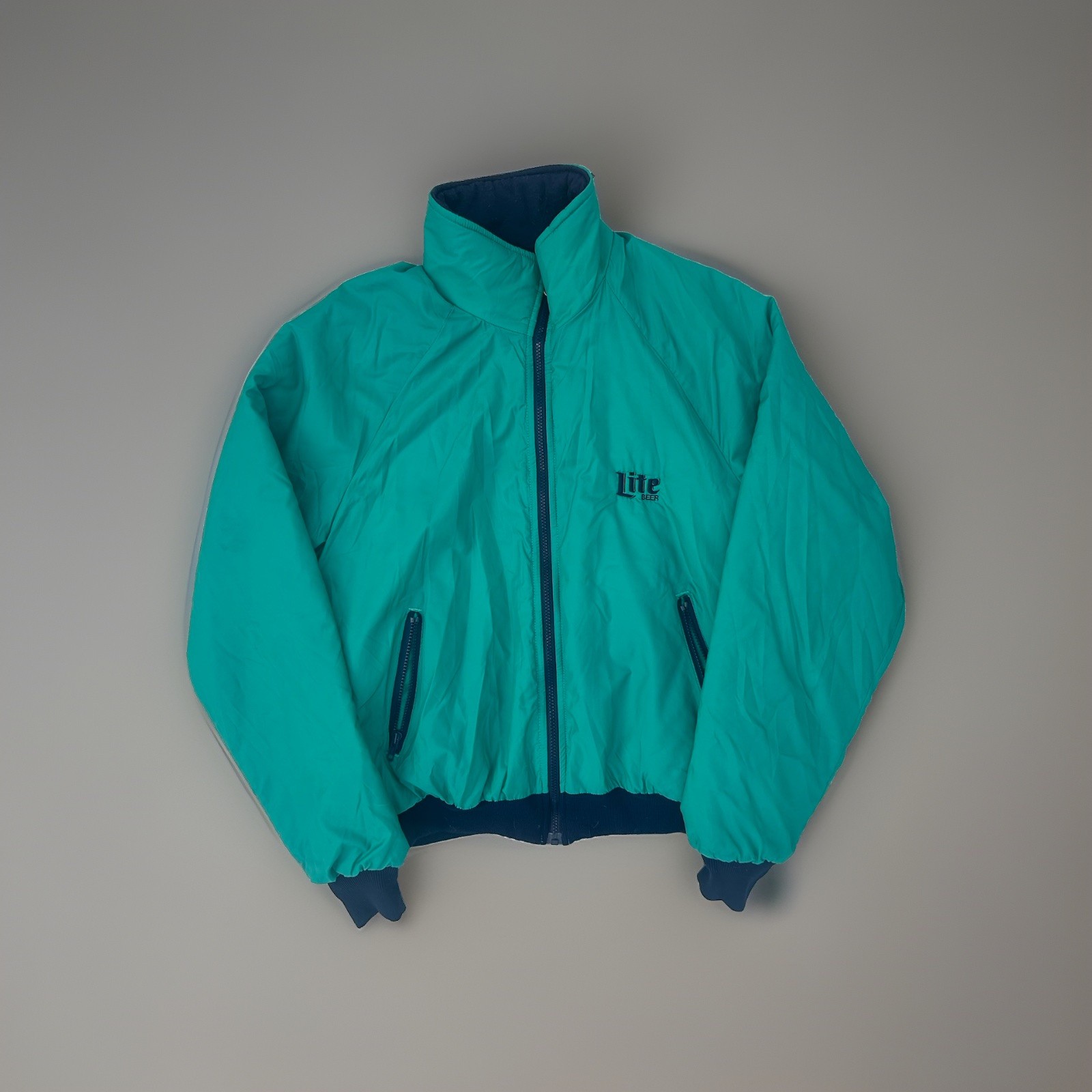 Vintage Embroidery Teal Blue Lite Beer K-Products Zip Workwear Jacket Size Large