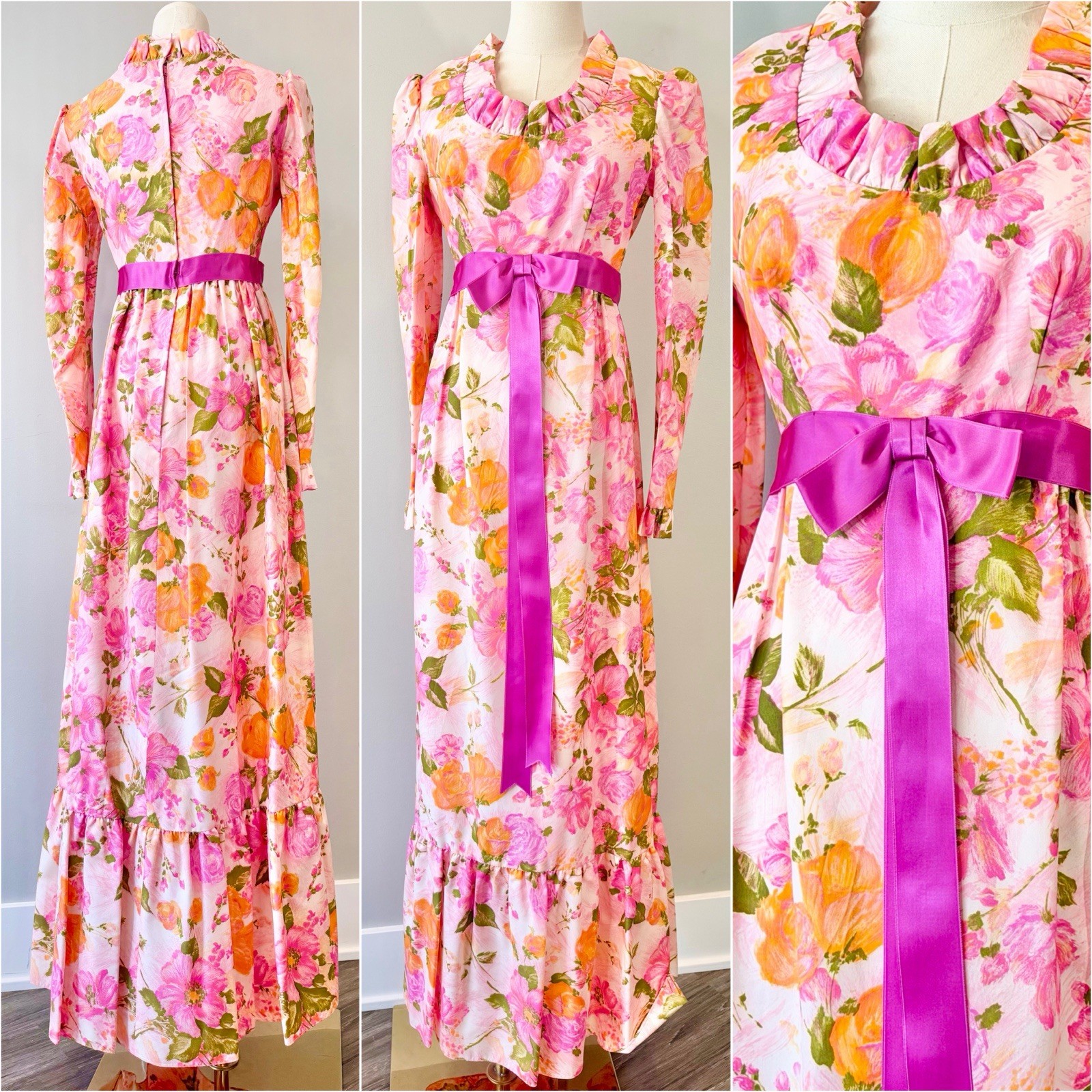 Vintage 1960s / 1970s Maxi Dress Watercolor Floral Pink Spring 60s 70s Flower