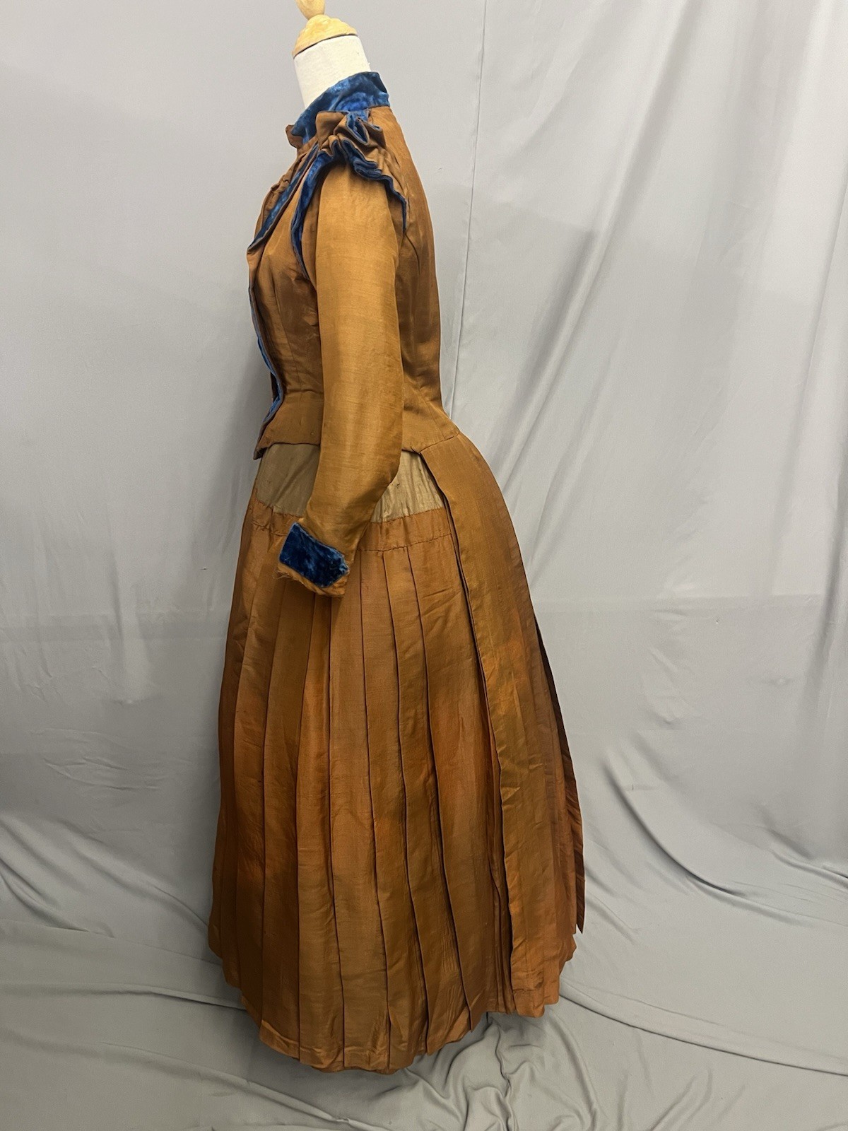 1870’s Copper Silk & Turquoise Velvet Bustle Day Dress