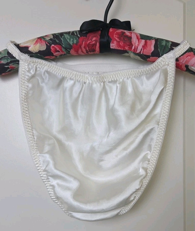 Vintage 90s Shiny Satin String Bikini Panties Ivory California Dynasty 1X Plus