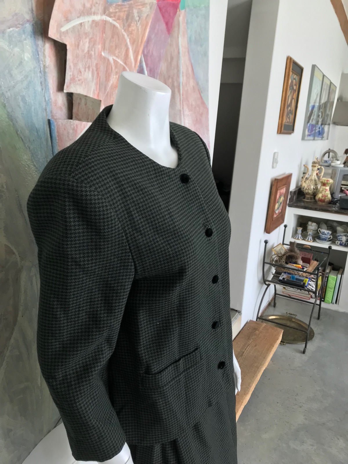 Sylvia Heisel Wool Herringbone Skirt Suit Dress Green Modern Small