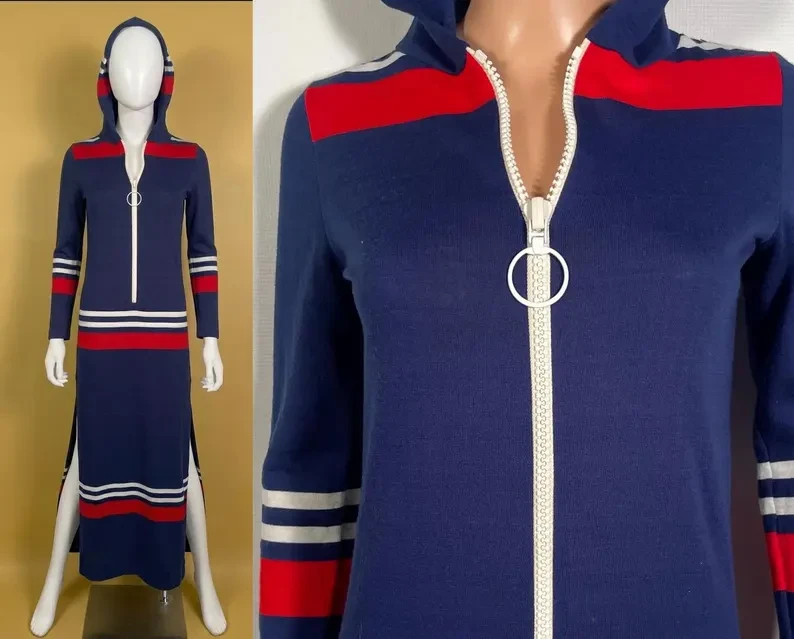 1960s/70s Mod Color Block Dress With O Ring Zipper And Hood Size XS/S