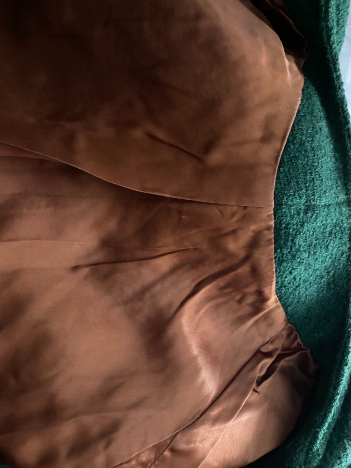 Vintage FOREST GREEN BOILED WOOL Coat MINK FUR COLLAR Copper Satin Lining M