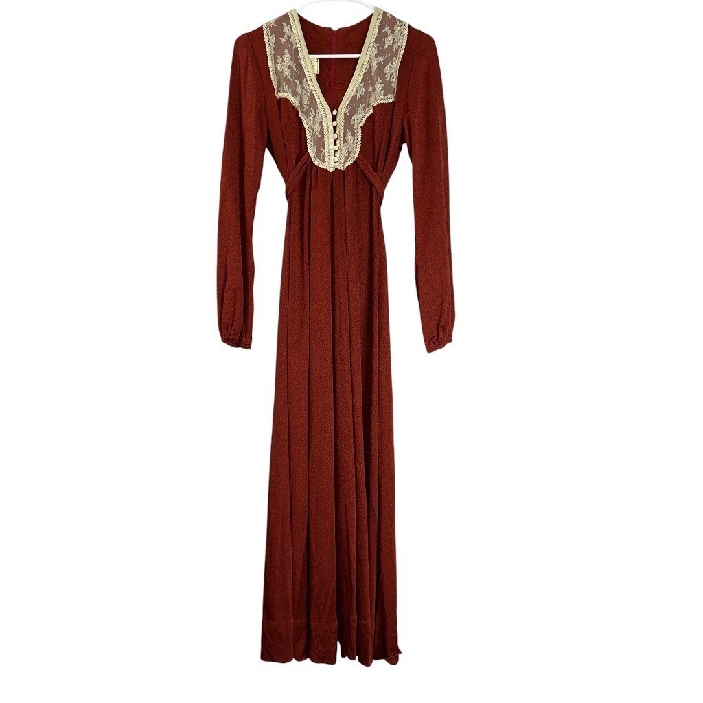 Vintage Roberta California Burnt Orange Rust Prairie Maxi Dress Lace Boho Small