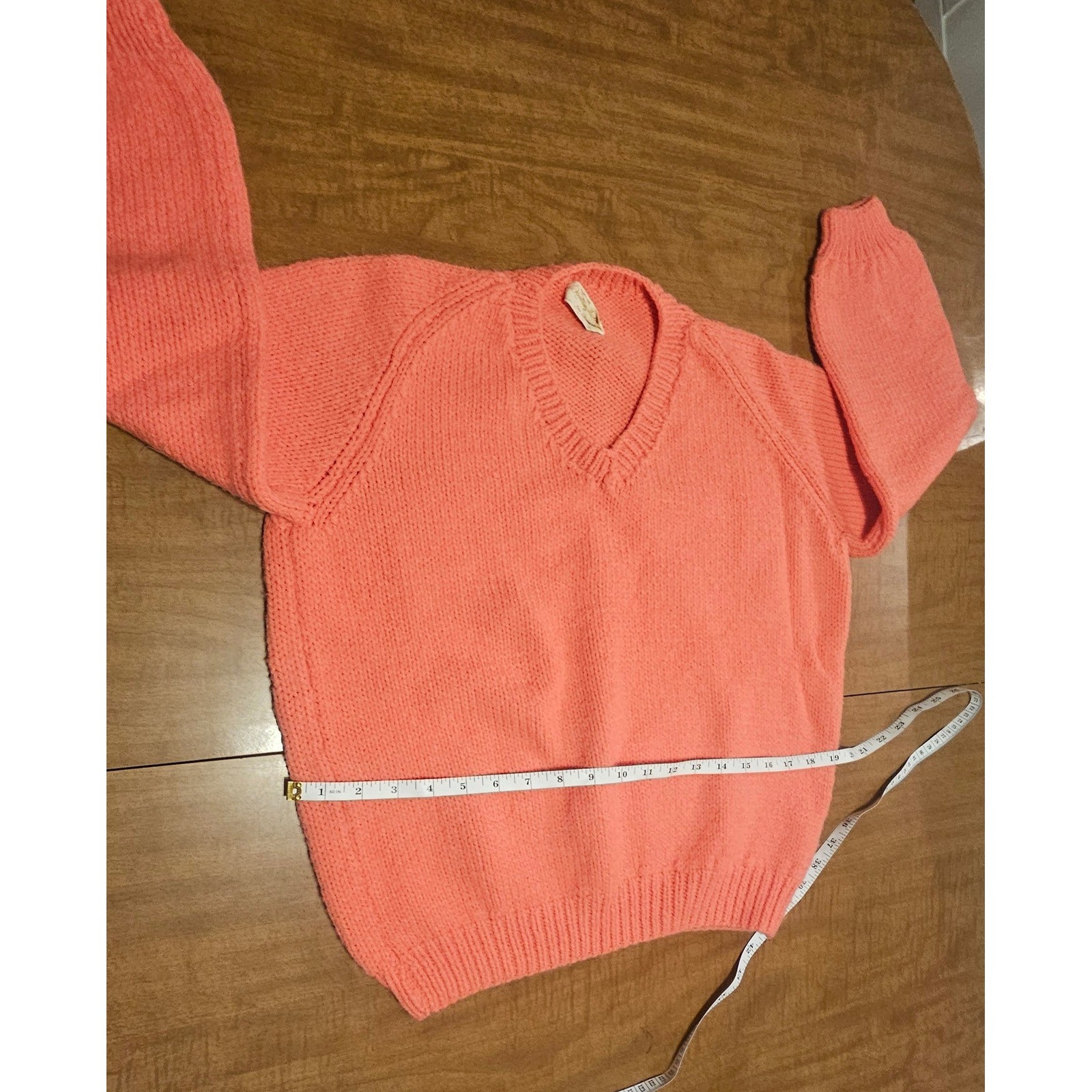 Vintage Homemade 80s Peach Orange Shaker Knit Sweater V-Neck M L K