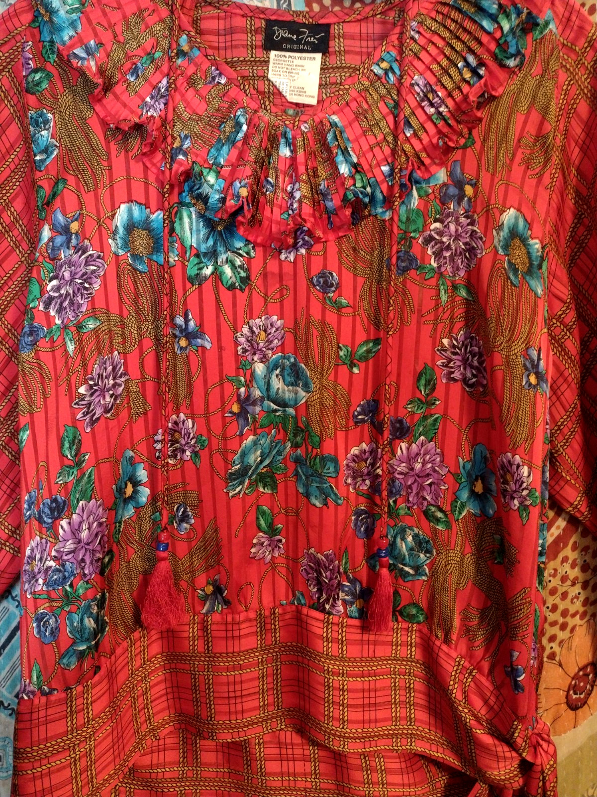 Women&rsquo;s VTG Diane Freis Origianal Boho Floral Blouse Tassels Tied Waist 38B