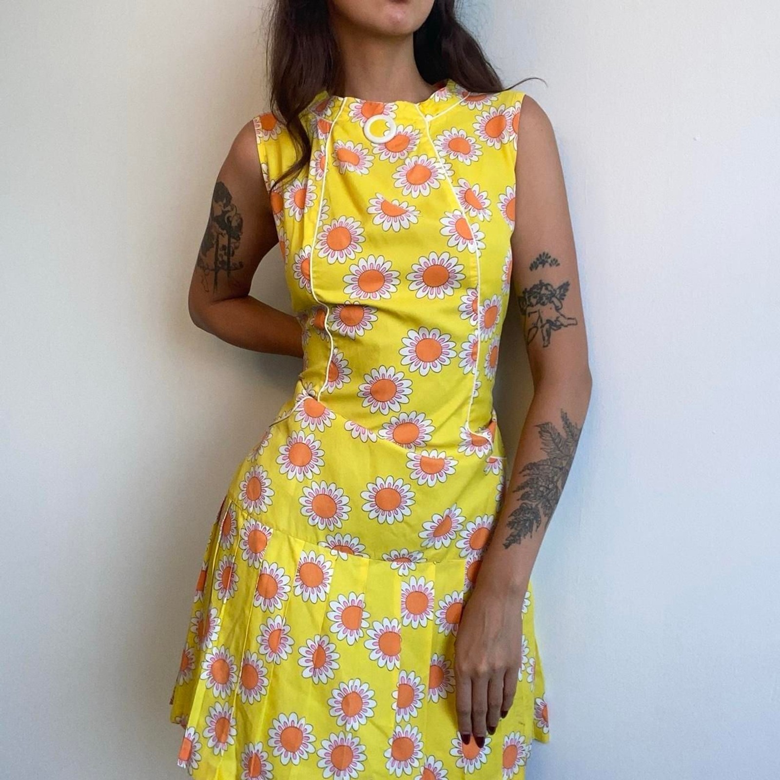 1960s rayon acetate yellow floral mod go-go dress
