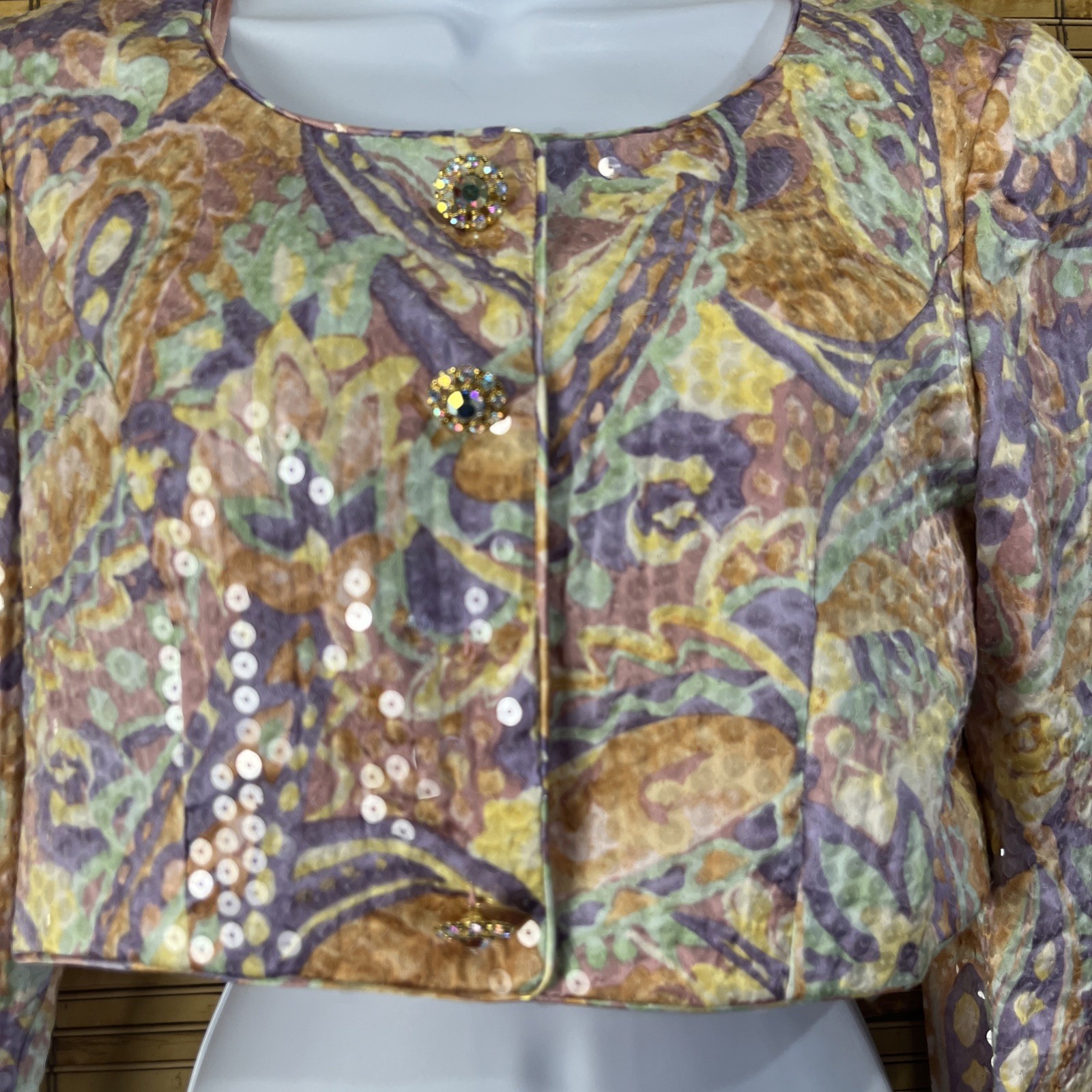 Vintage A.J. Bari Jacket Womens 8 Multicolor Silk Paisley Sequin Cropped Jeweled