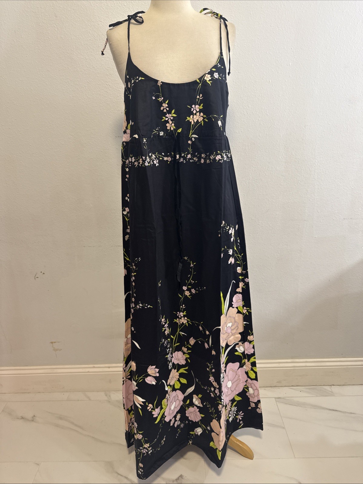 Vtg Dutchess Individually Yours Maxi Dress M Black Floral Babydoll Cottagecore