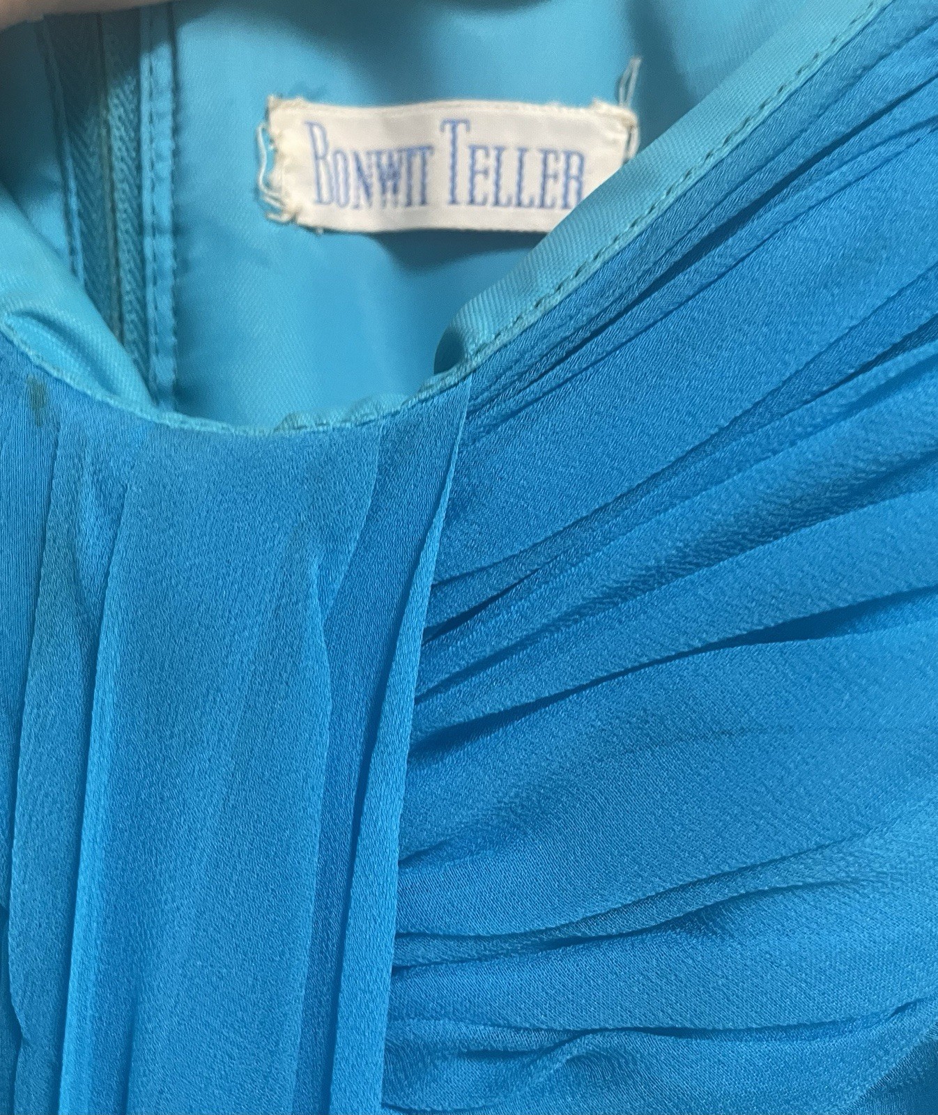 Bonwit Teller Aqua Silk Chiffon Evening Gown Spaghetti Straps 1960&rsquo;s Size Small