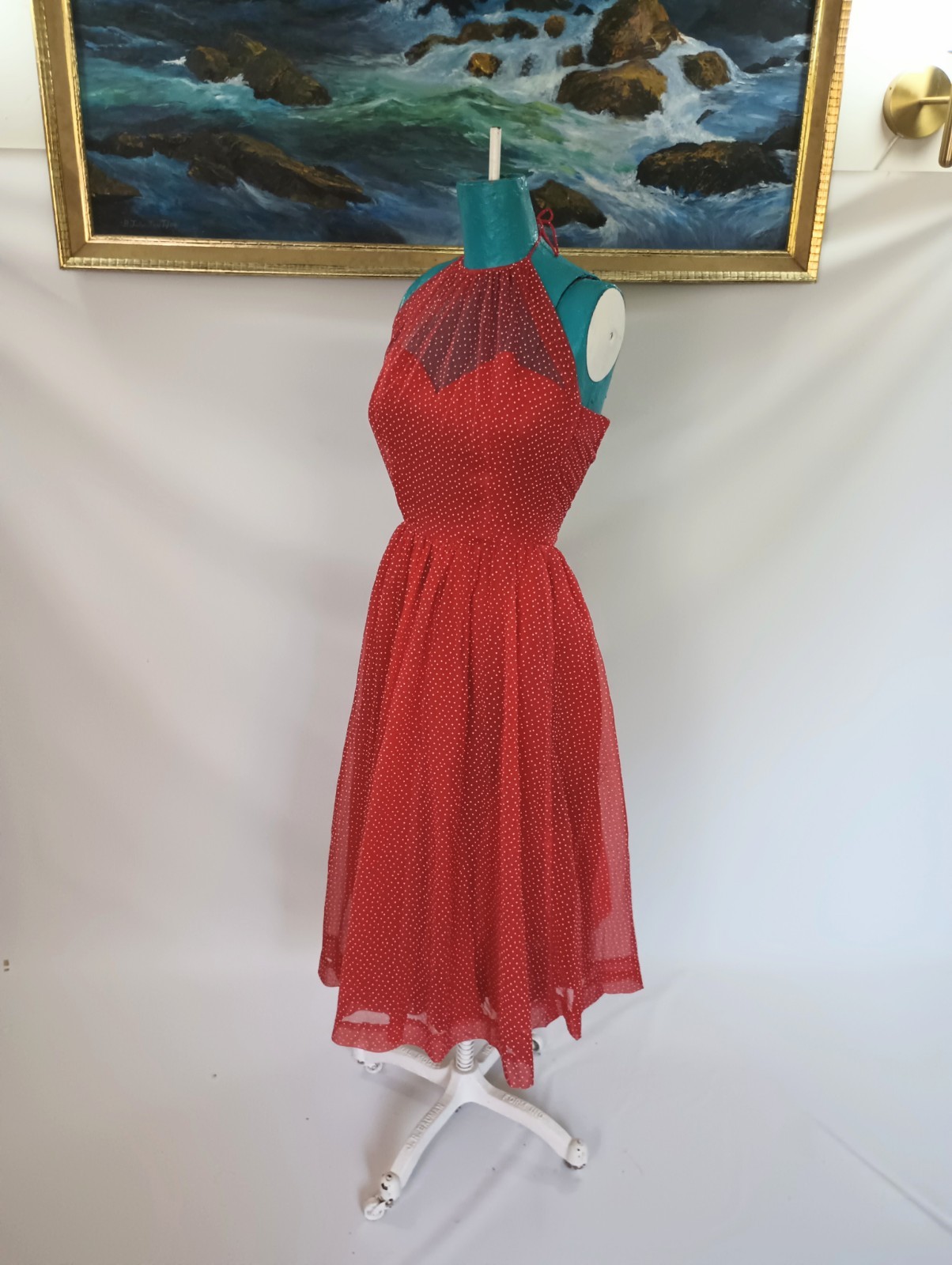 1950s 1960s Vintage Cherry Red and White Polka Dot Sheer Summer Halter Dress