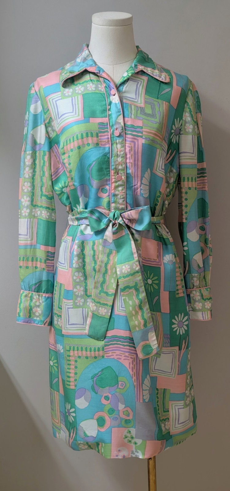 Vintage 70&rsquo;s Silk MOD Psychedelic Shirt Dress Colony Classics Hong Kong Belt M
